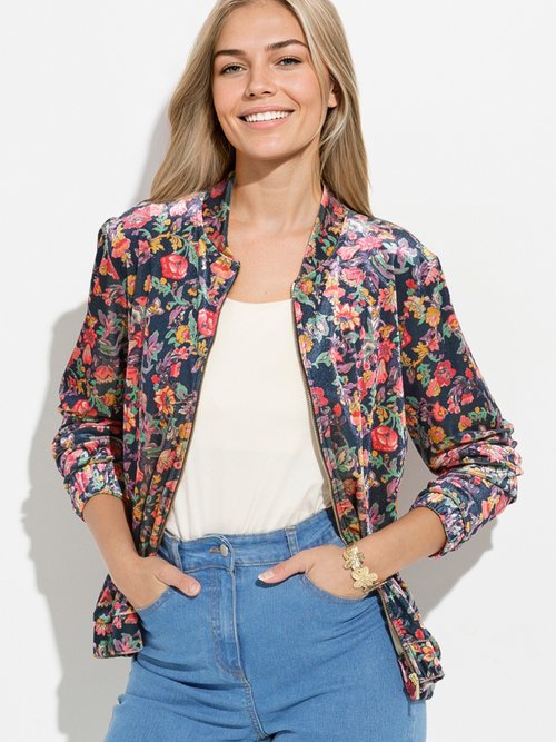 Blouson bombers zippé velours ras fleuri Femme Bleu THIERRY MV1