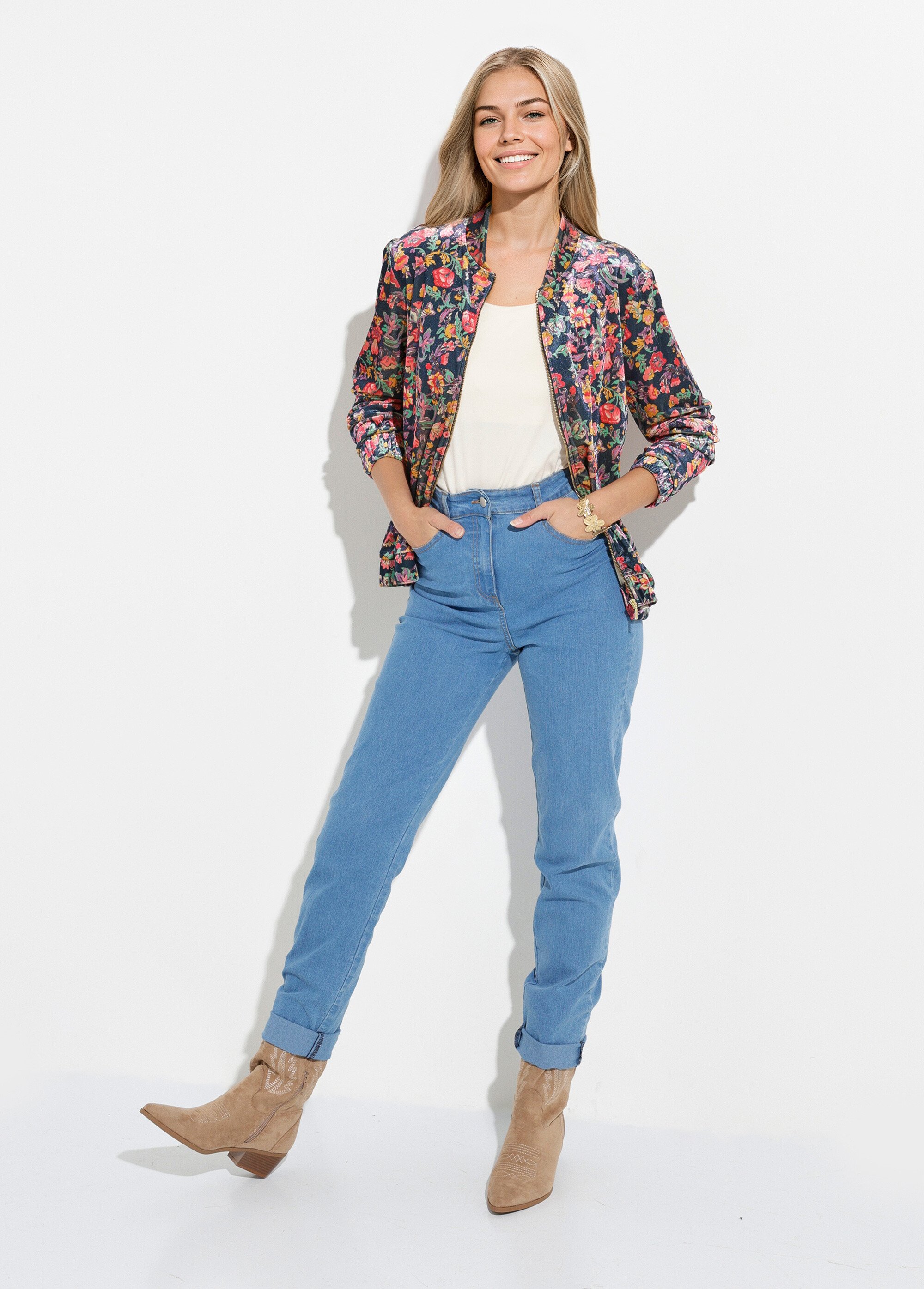 Blouson bombers zippé velours ras fleuri Femme Bleu THIERRY SI1