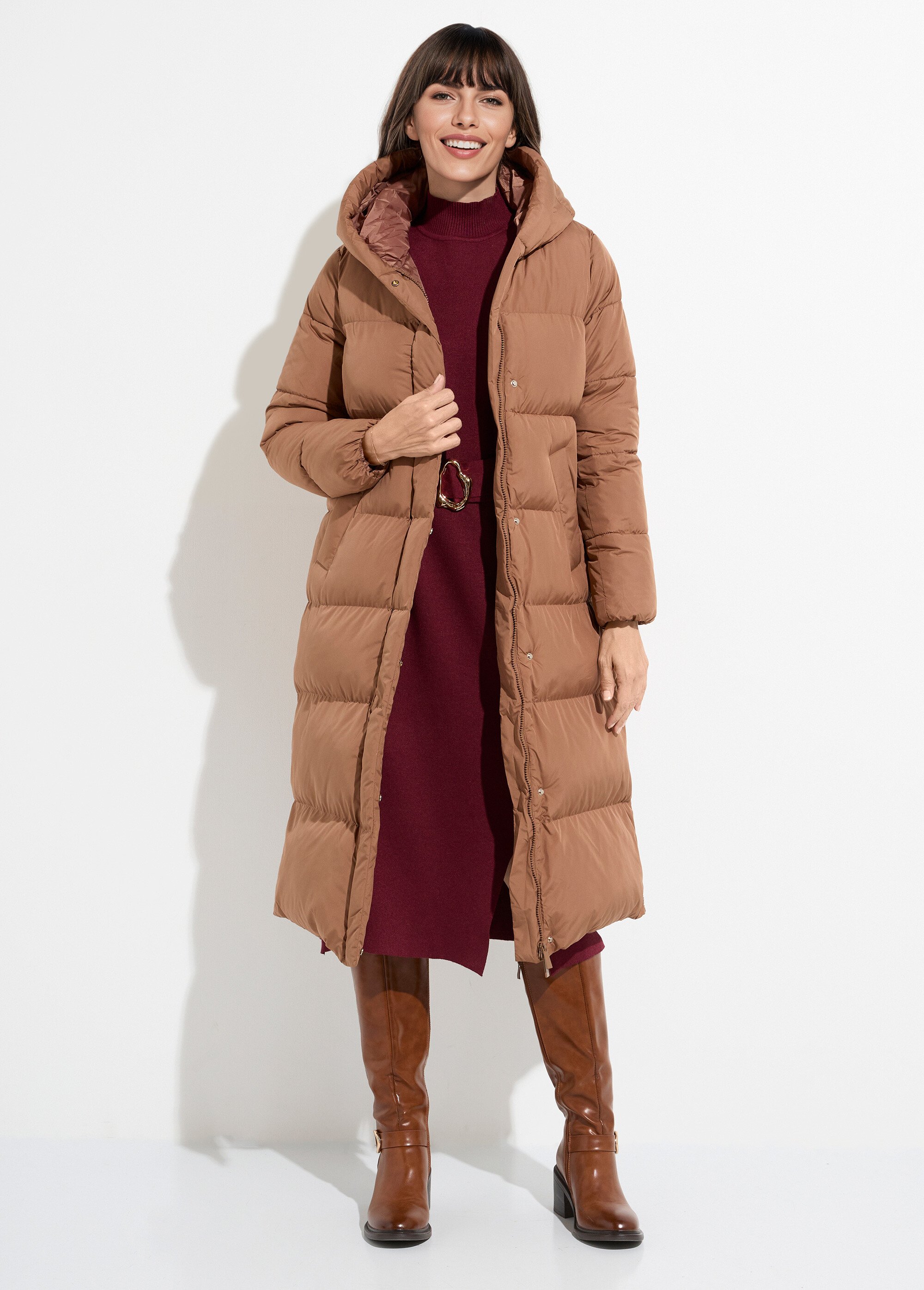 Doudoune extra longue chaude à capuche Femme Marron ATT-AT8389 FA1
