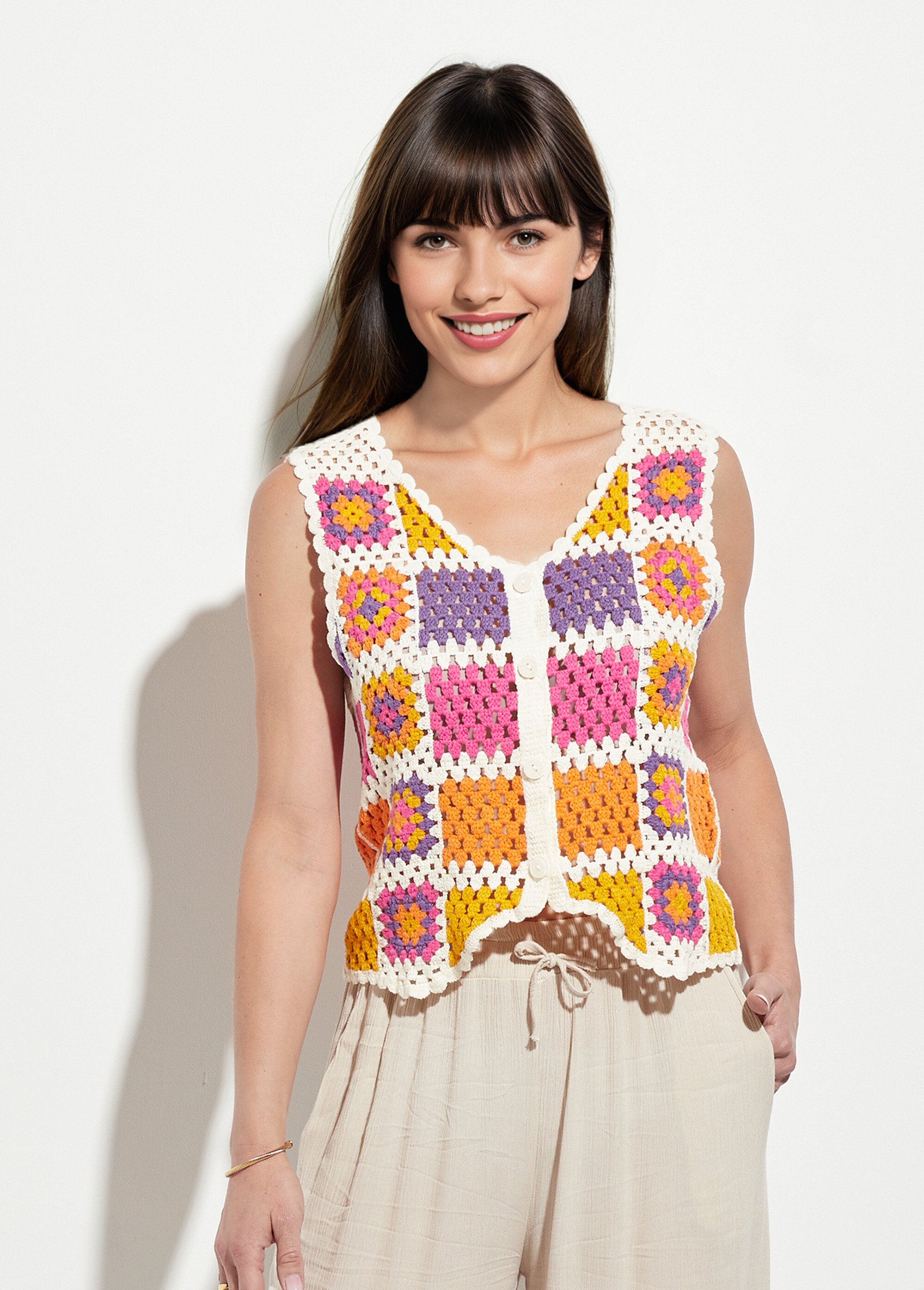 Gilet col V sans manches en crochet
