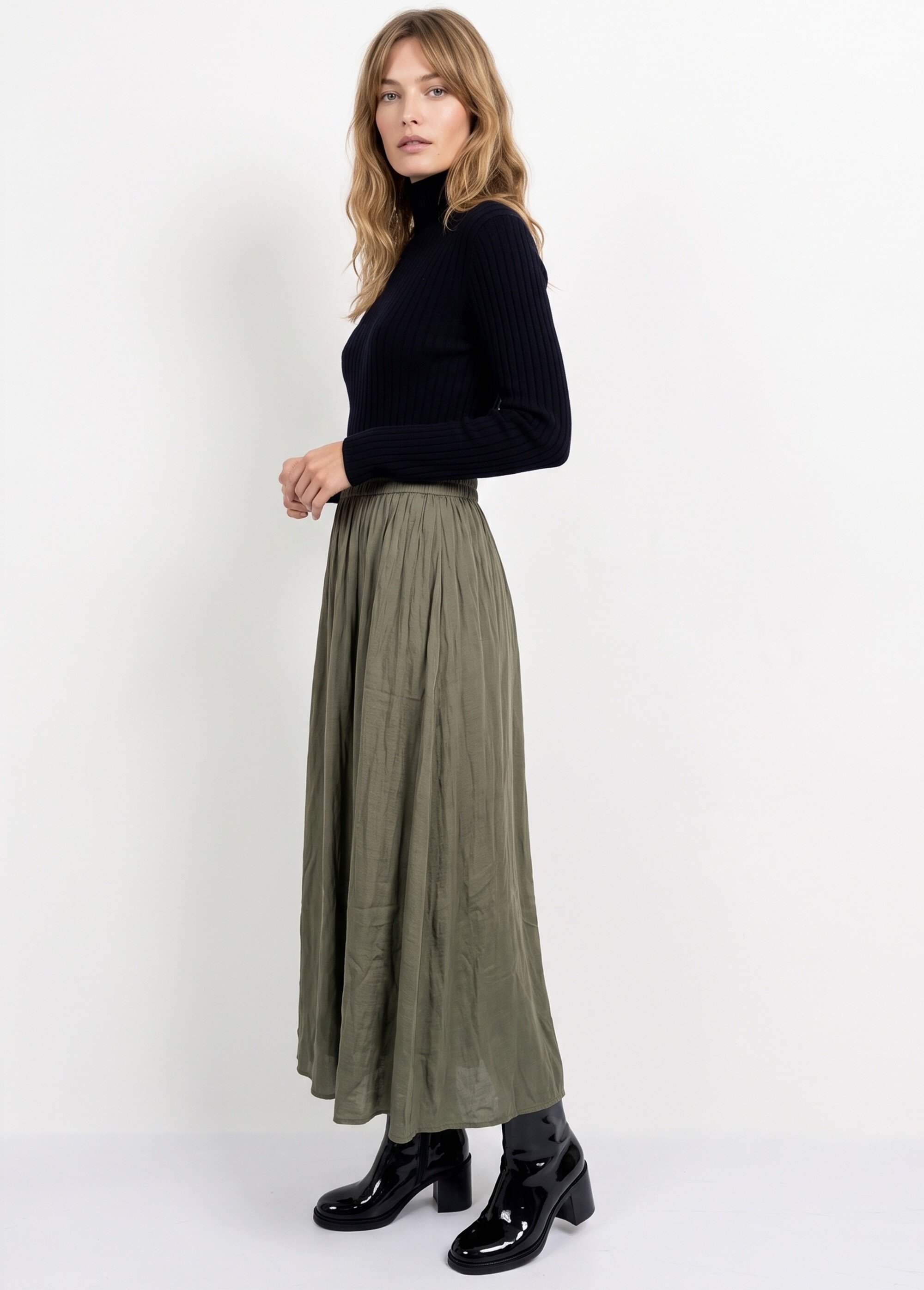 Jupe longue fluide, taille élastiquée Femme Vert IA-C2273 MV1