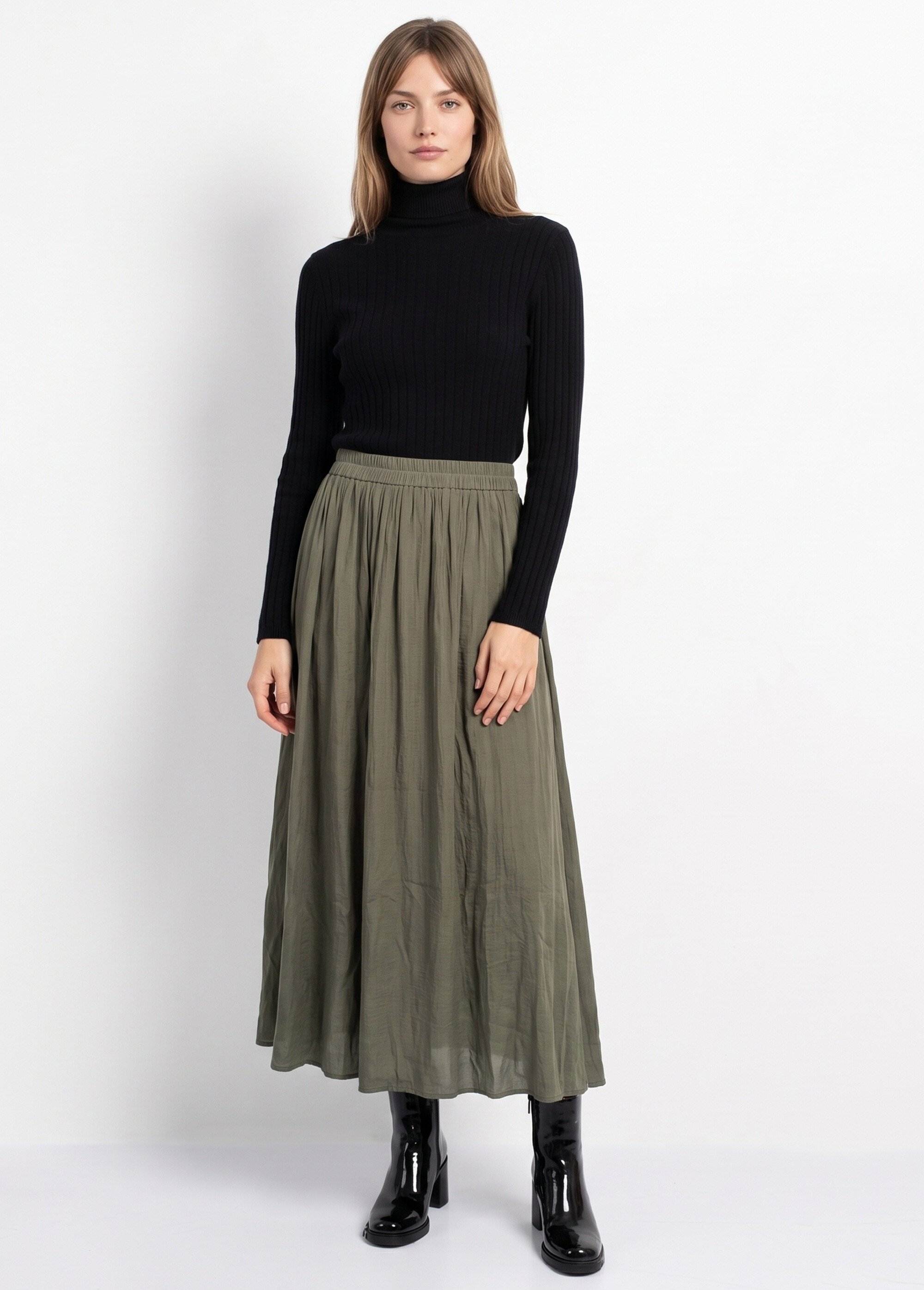 Jupe longue fluide, taille élastiquée Femme Vert IA-C2273 SI1