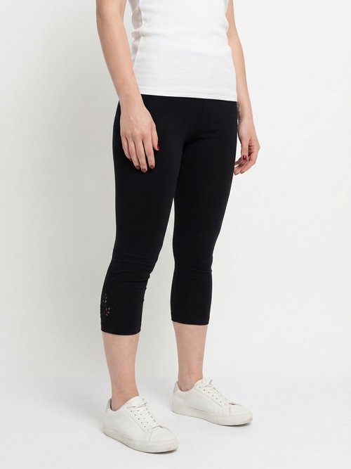 Legging court ceinture élastiqué bas brodés Femme Noir NESSA FA1