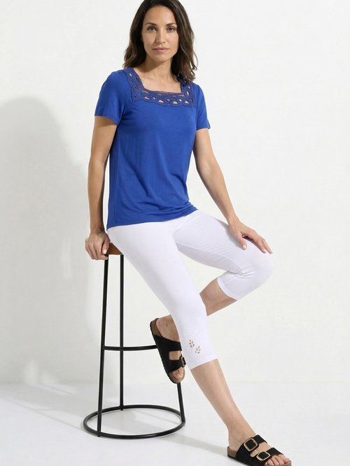 Legging court ceinture élastiqué bas brodés Femme Blanc NESSA MV1