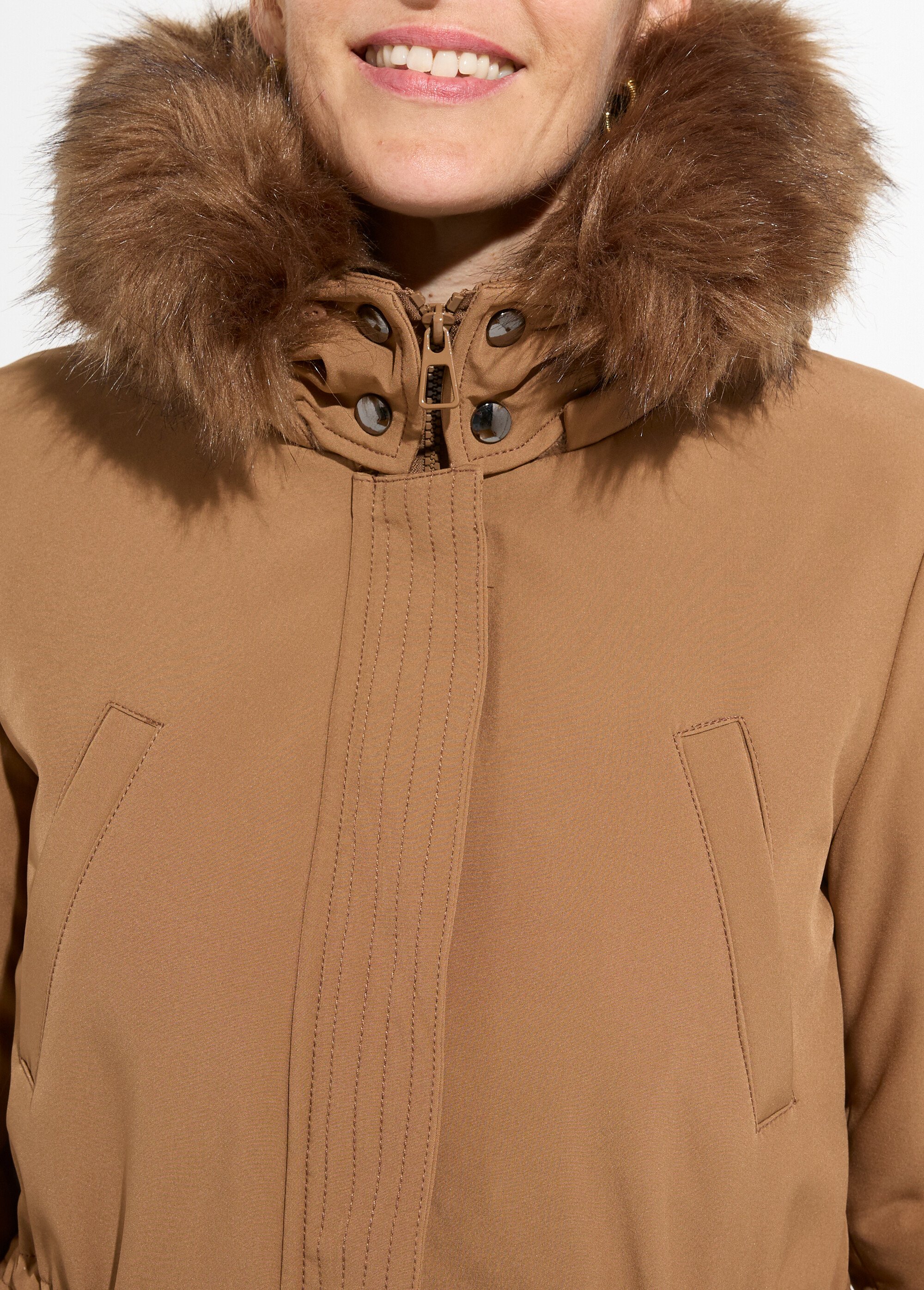 Parka chaude fourrure capuche amovible Femme Beige LJ-18032 DE1