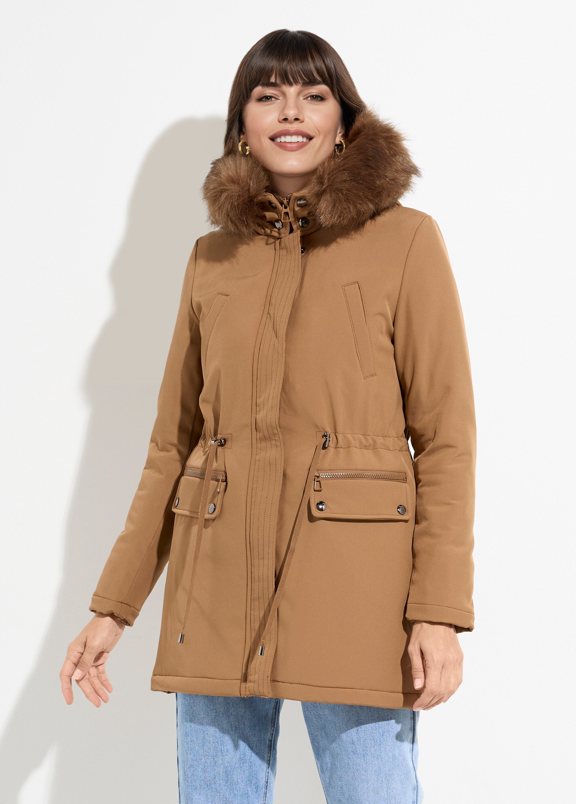 Parka chaude fourrure capuche amovible Femme Beige LJ-18032 FA1