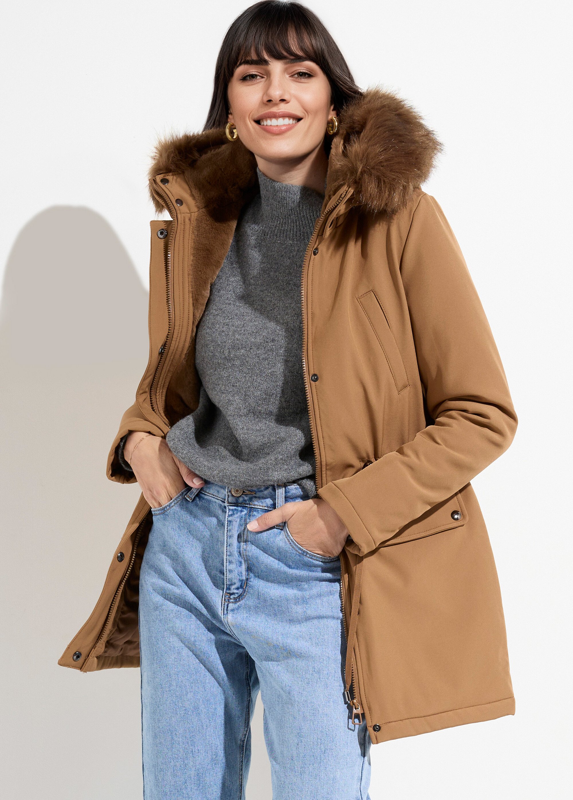 Parka chaude fourrure capuche amovible Femme Beige LJ-18032 MV1
