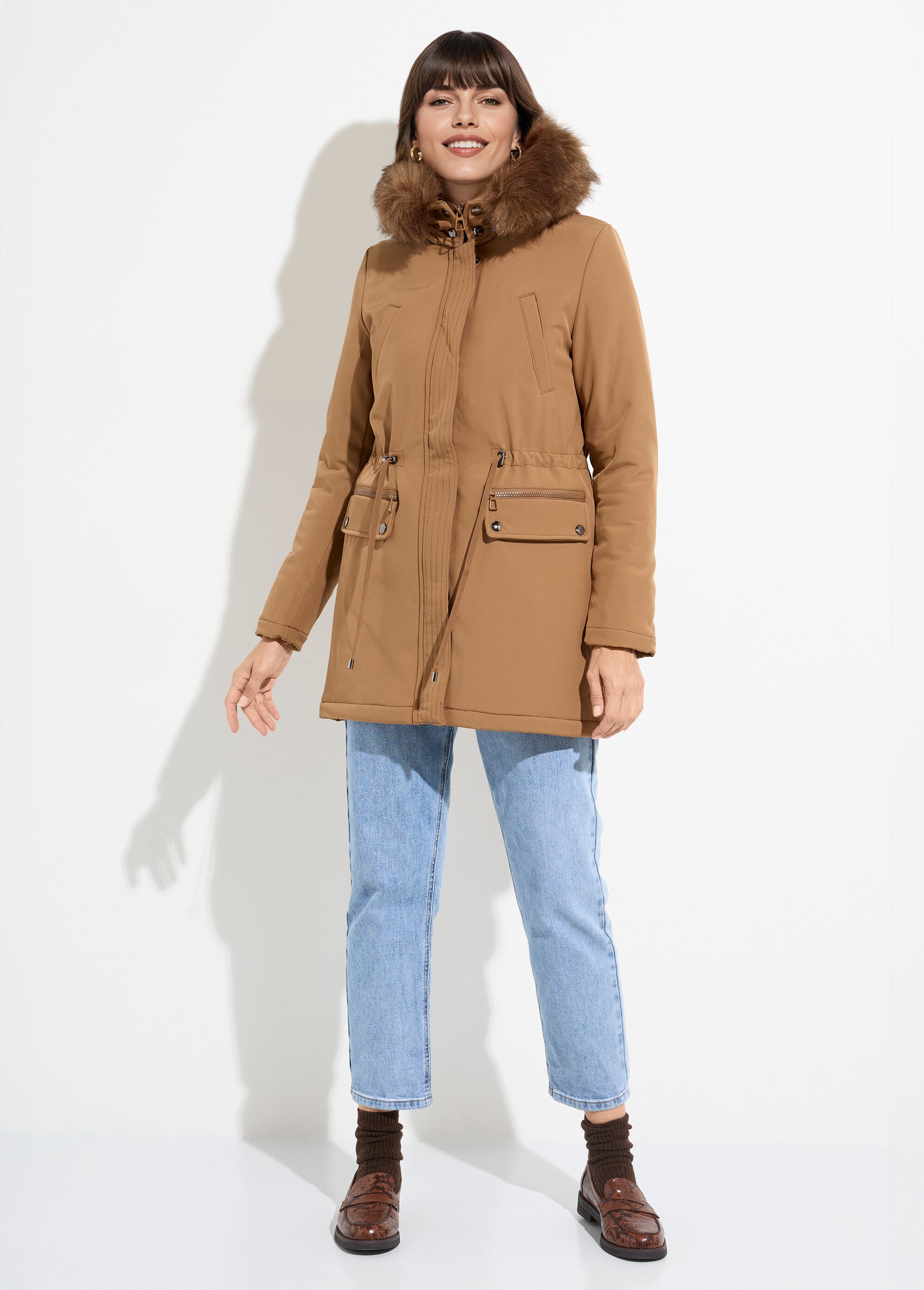 Parka chaude fourrure capuche amovible Femme Beige LJ-18032 SF1