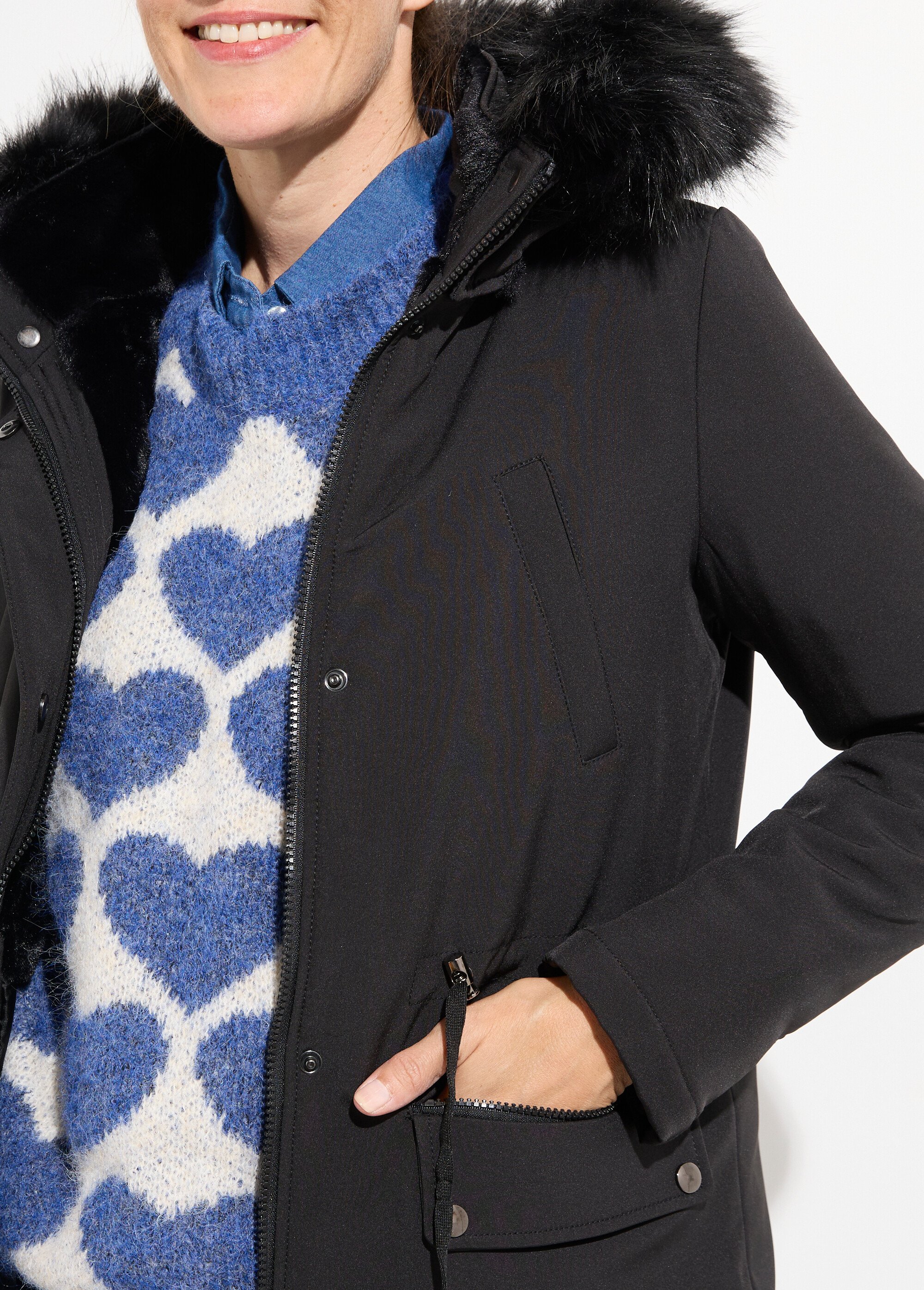 Parka chaude fourrure capuche amovible Femme Noir LJ-18032 DE1