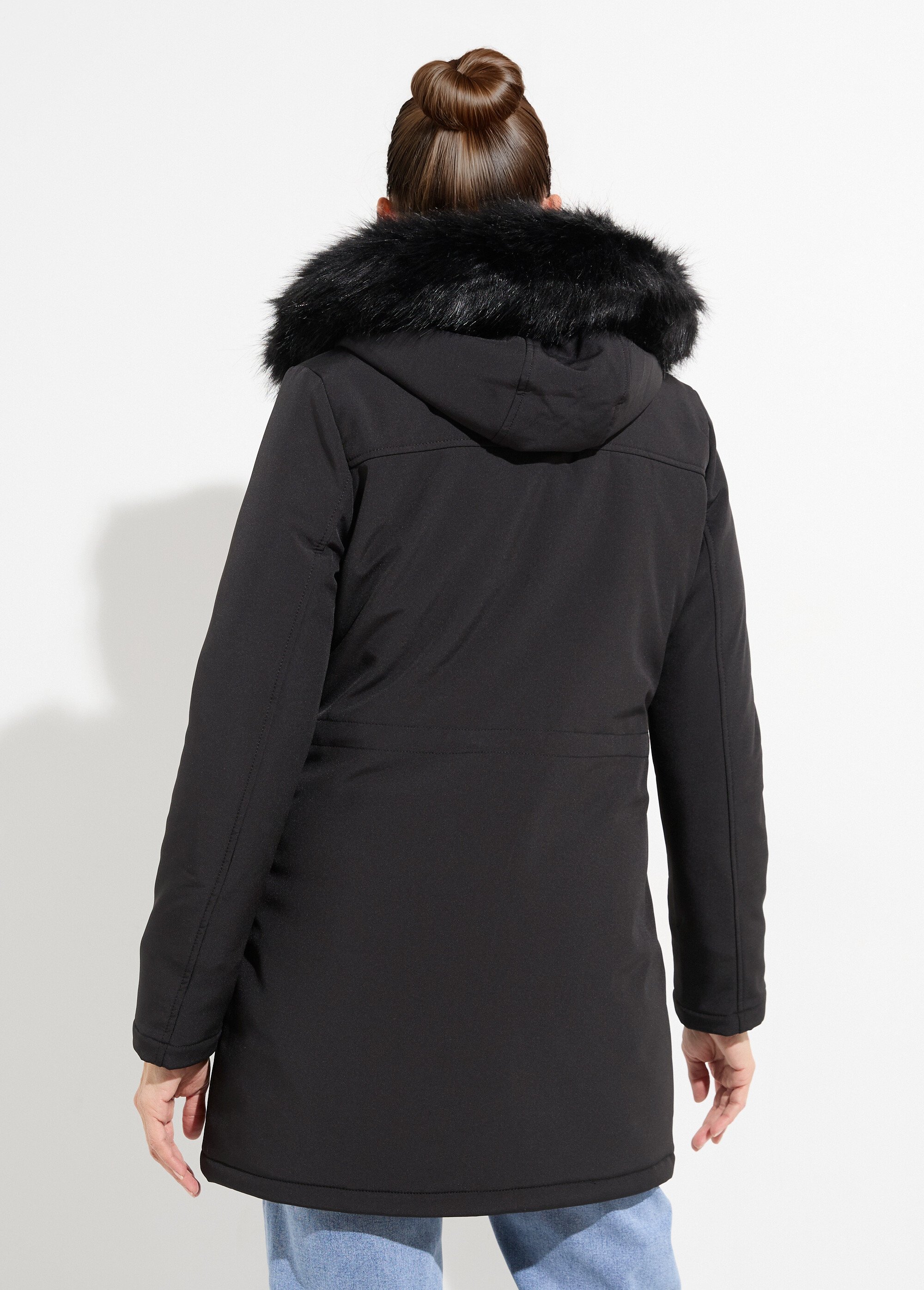 Parka chaude fourrure capuche amovible Femme Noir LJ-18032 DO1