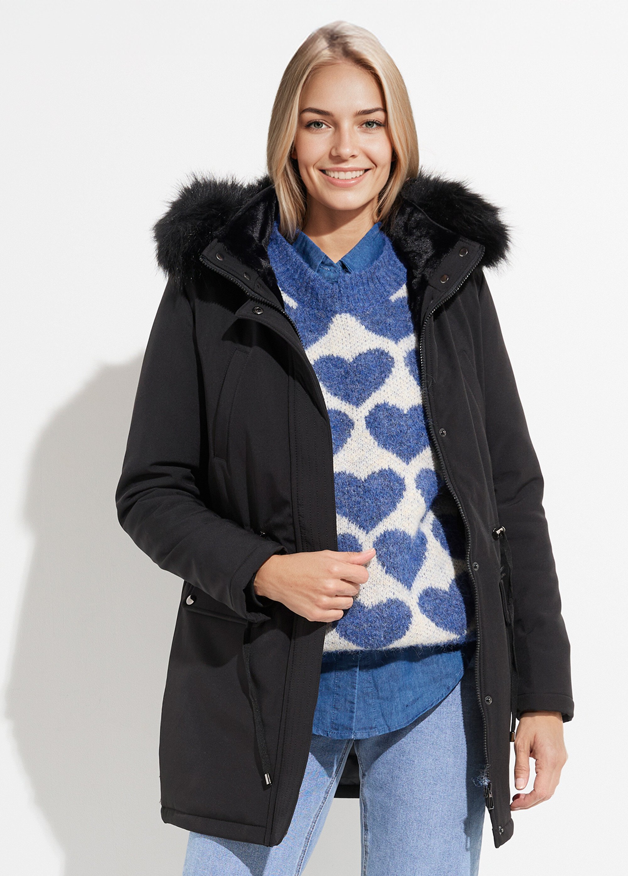Parka chaude fourrure capuche amovible Femme Noir LJ-18032 FA1