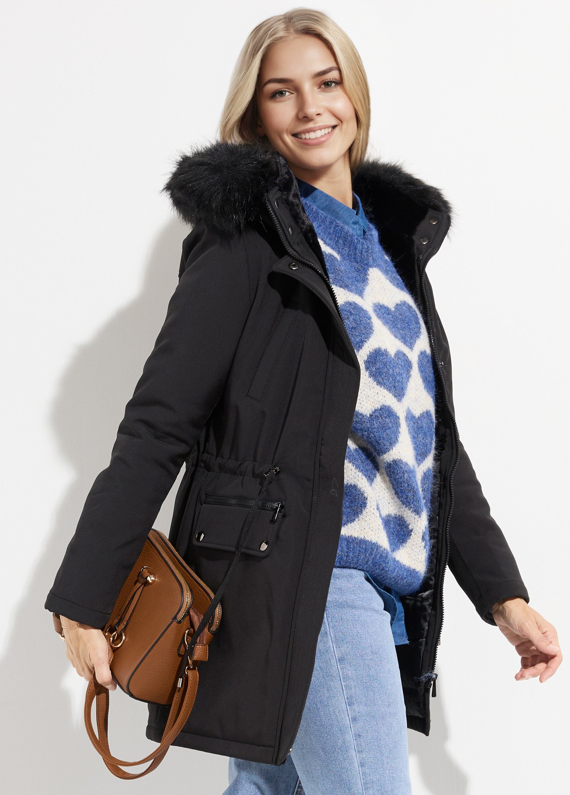 Parka chaude fourrure capuche amovible Femme Noir LJ-18032 MV1