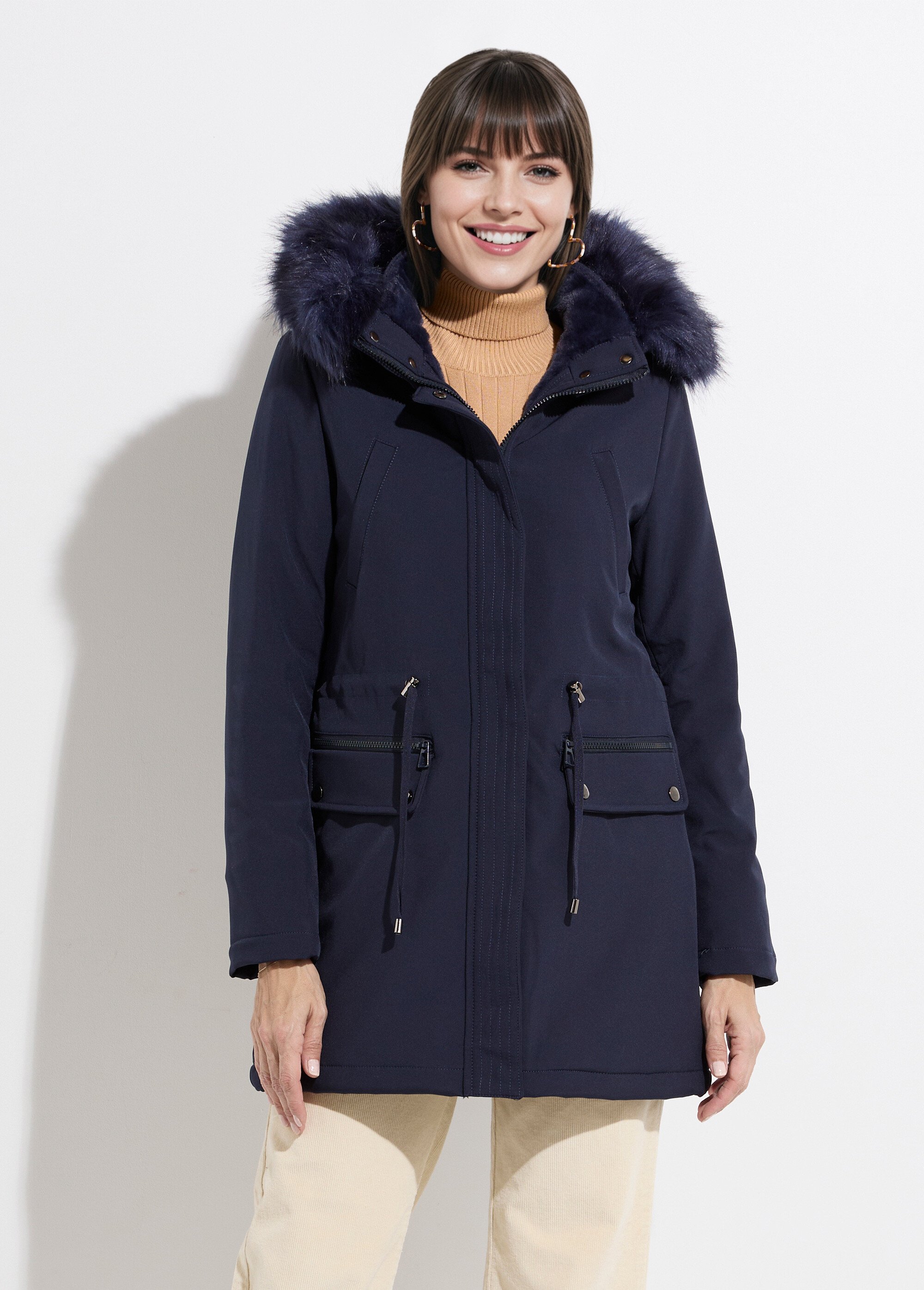Parka chaude fourrure capuche amovible Femme Bleu LJ-18032 FA1