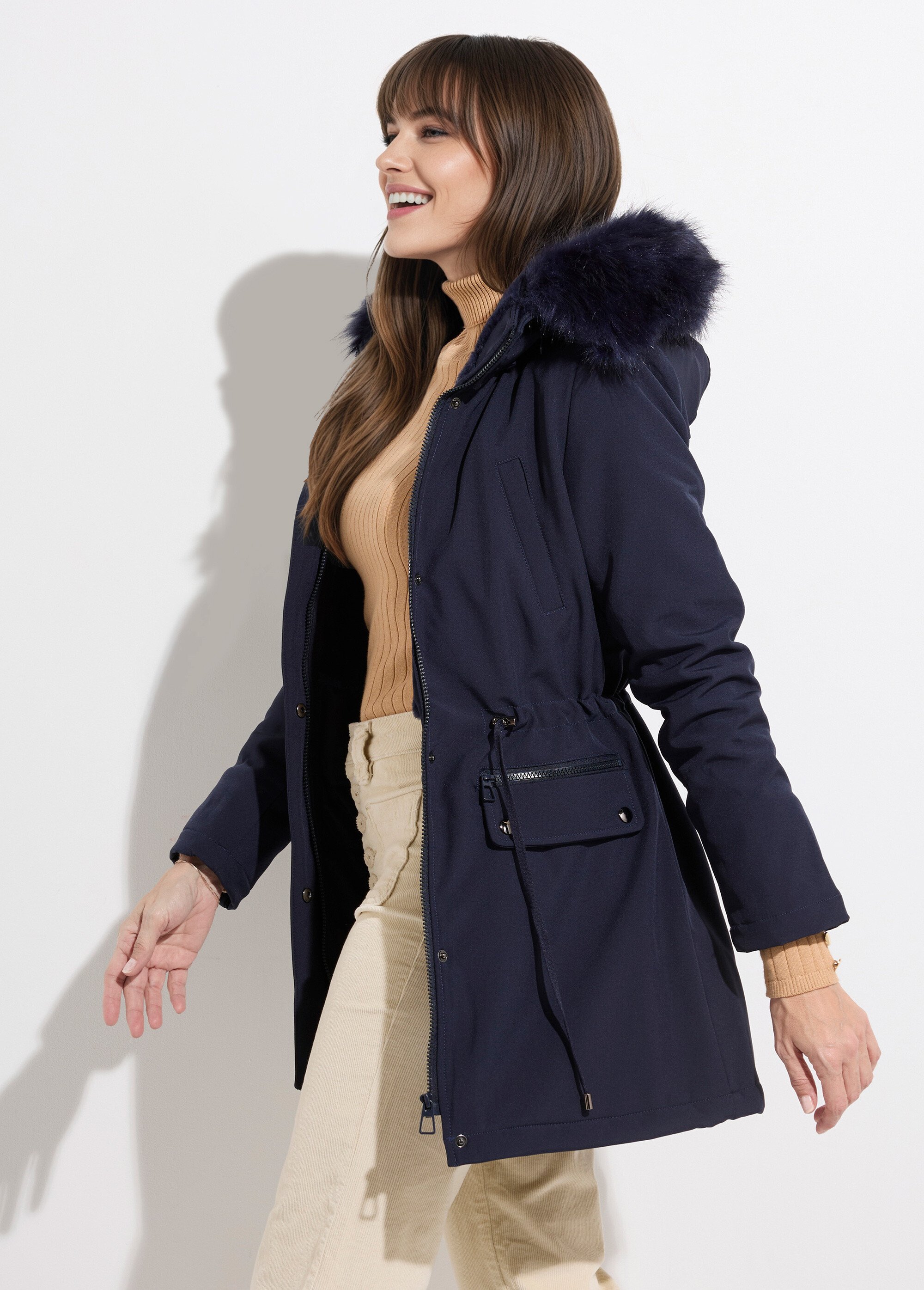 Parka chaude fourrure capuche amovible Femme Bleu LJ-18032 MV1