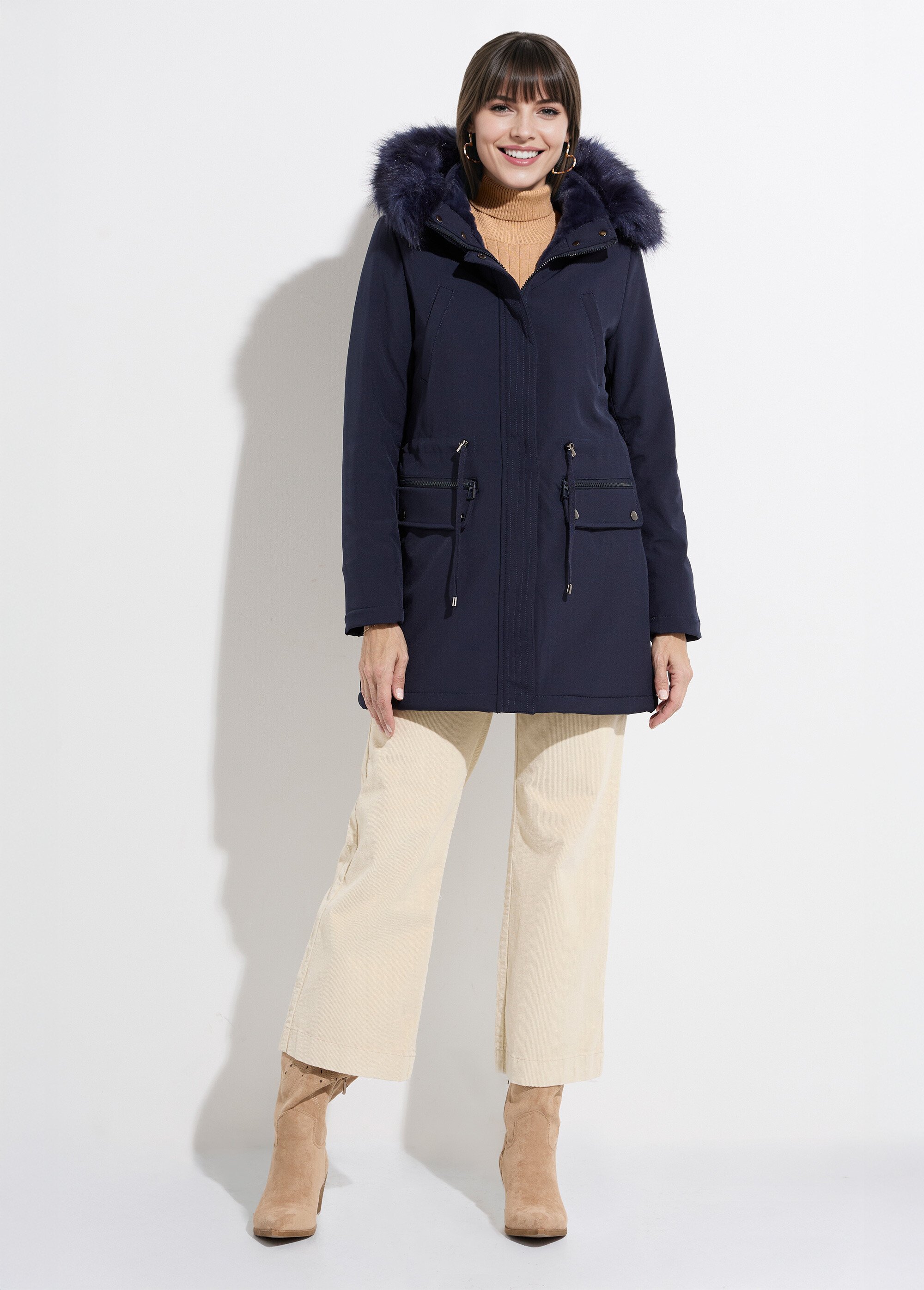 Parka chaude fourrure capuche amovible Femme Bleu LJ-18032 SF1