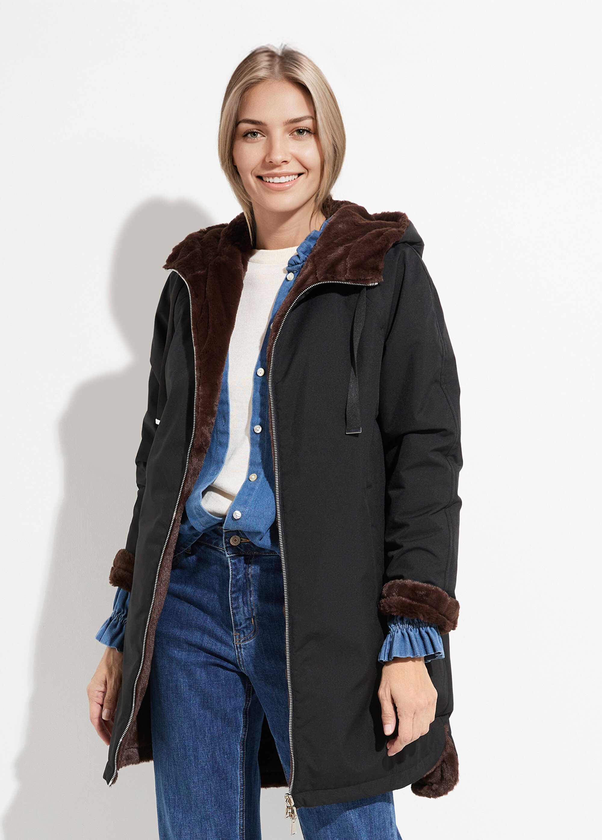 Parka réversible fourrure, avec capuche Femme Noir ATT-AT8586 FA1