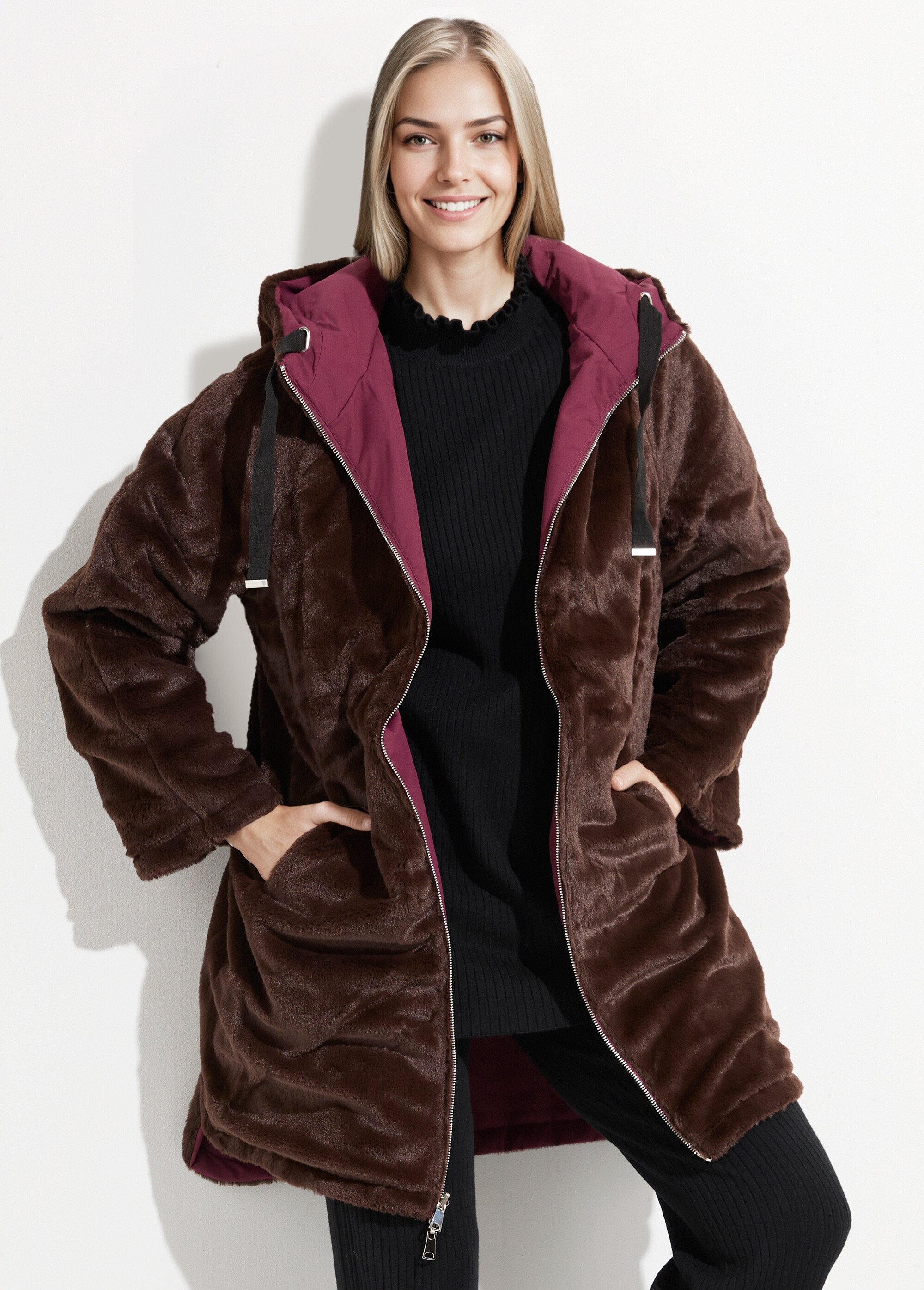 Parka réversible fourrure, avec capuche Femme Rouge ATT-AT8586 DE3