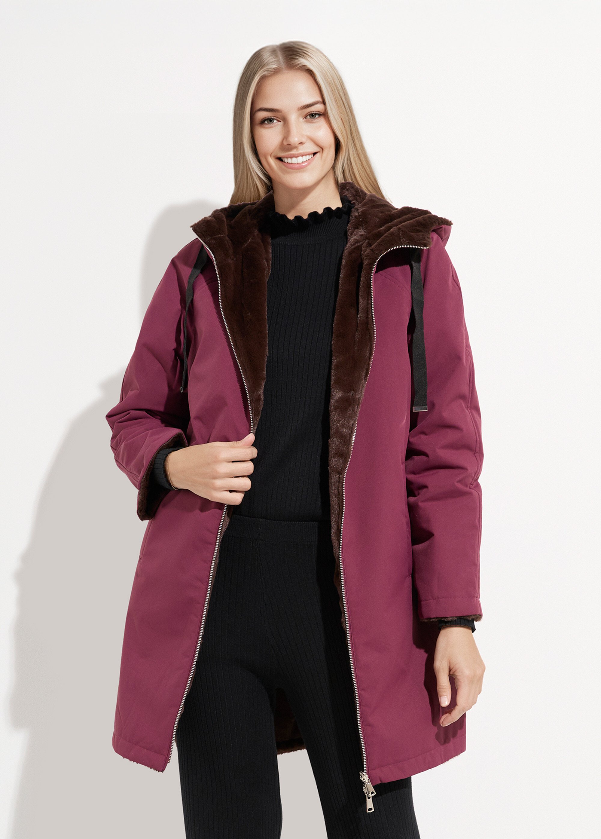 Parka réversible fourrure, avec capuche Femme Rouge ATT-AT8586 FA1