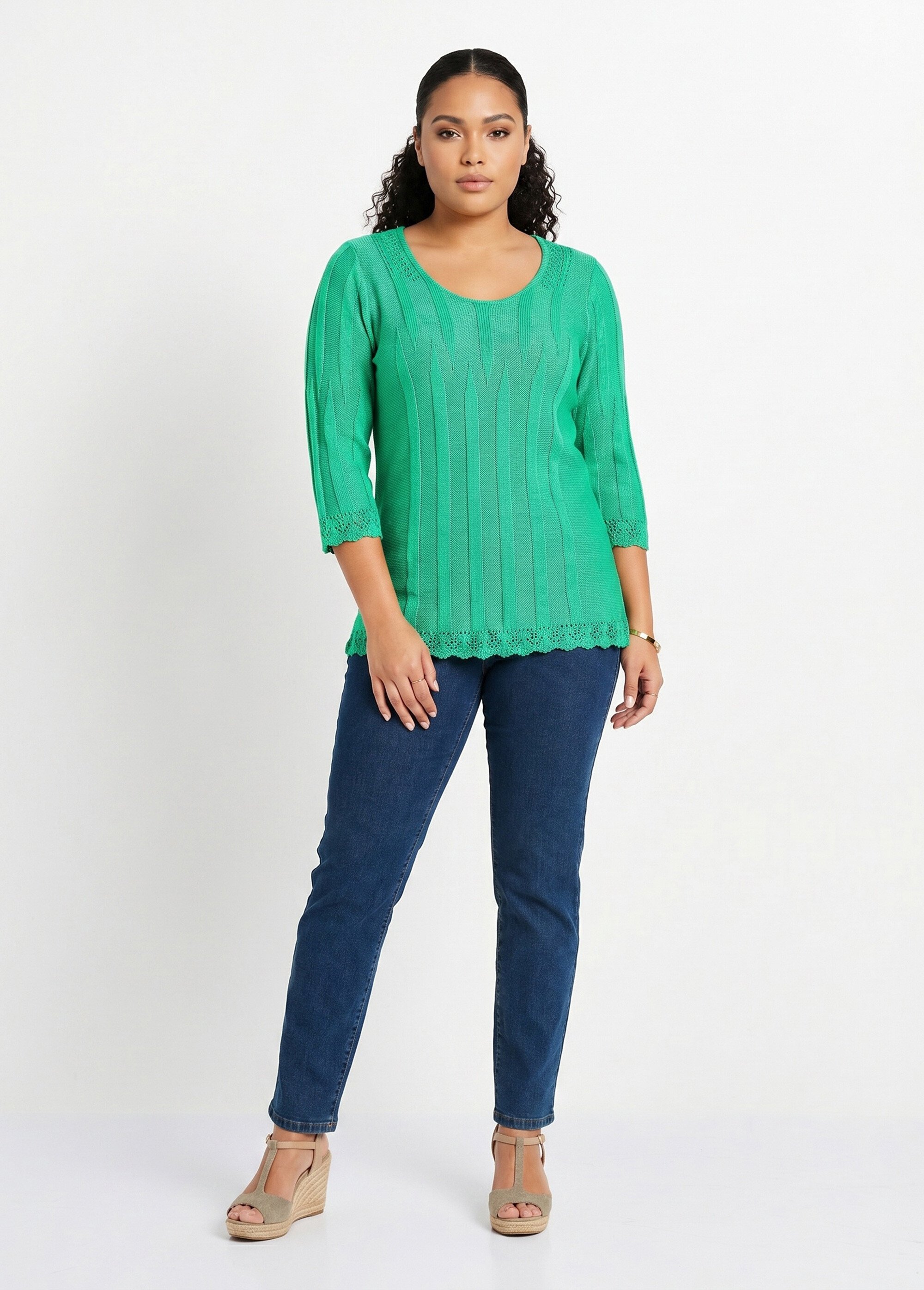 Pull court ajouré col rond Femme Grande Taille Vert MAXENCE SI1