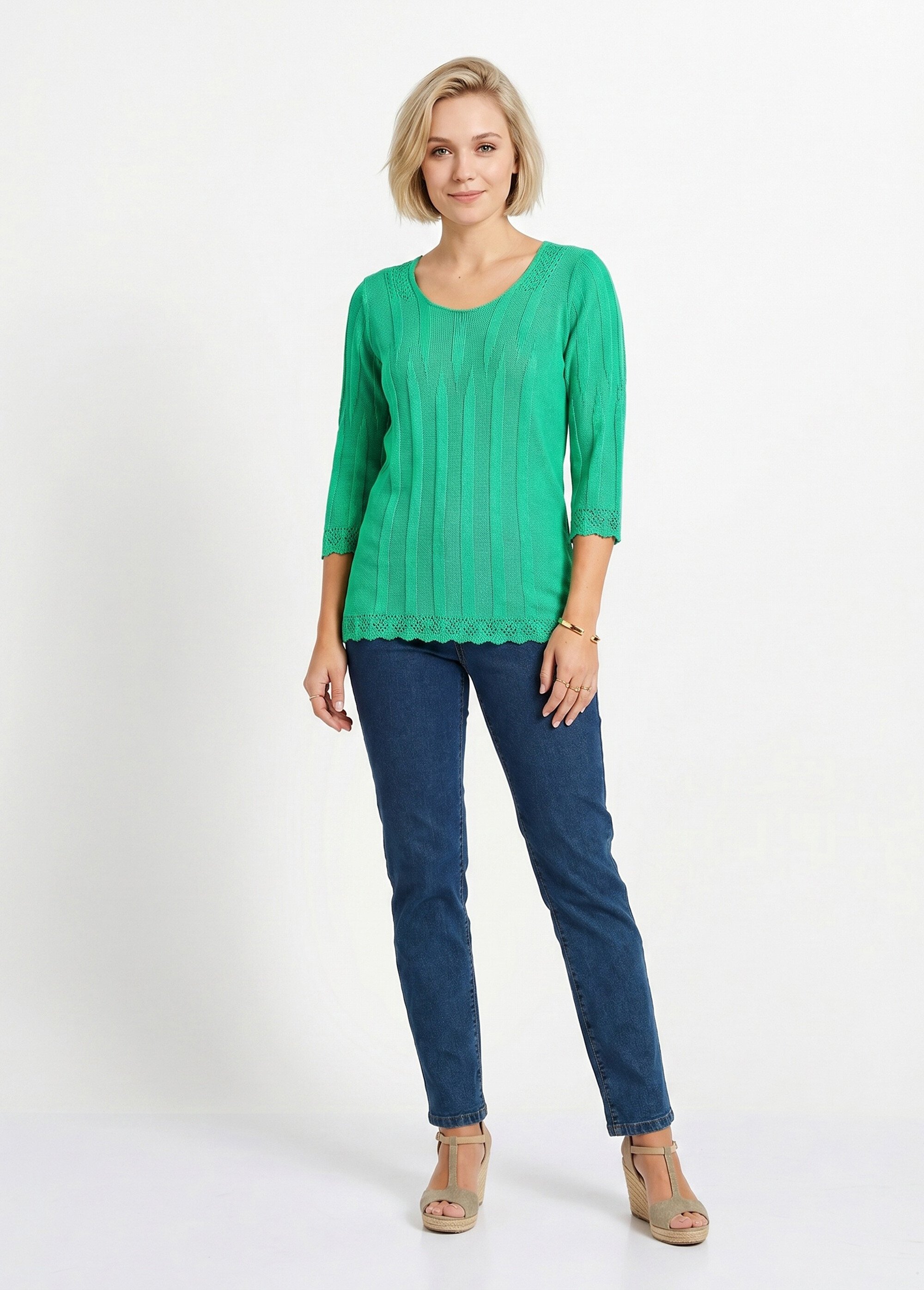 Pull court ajouré col rond Femme Vert MAXENCE SI1