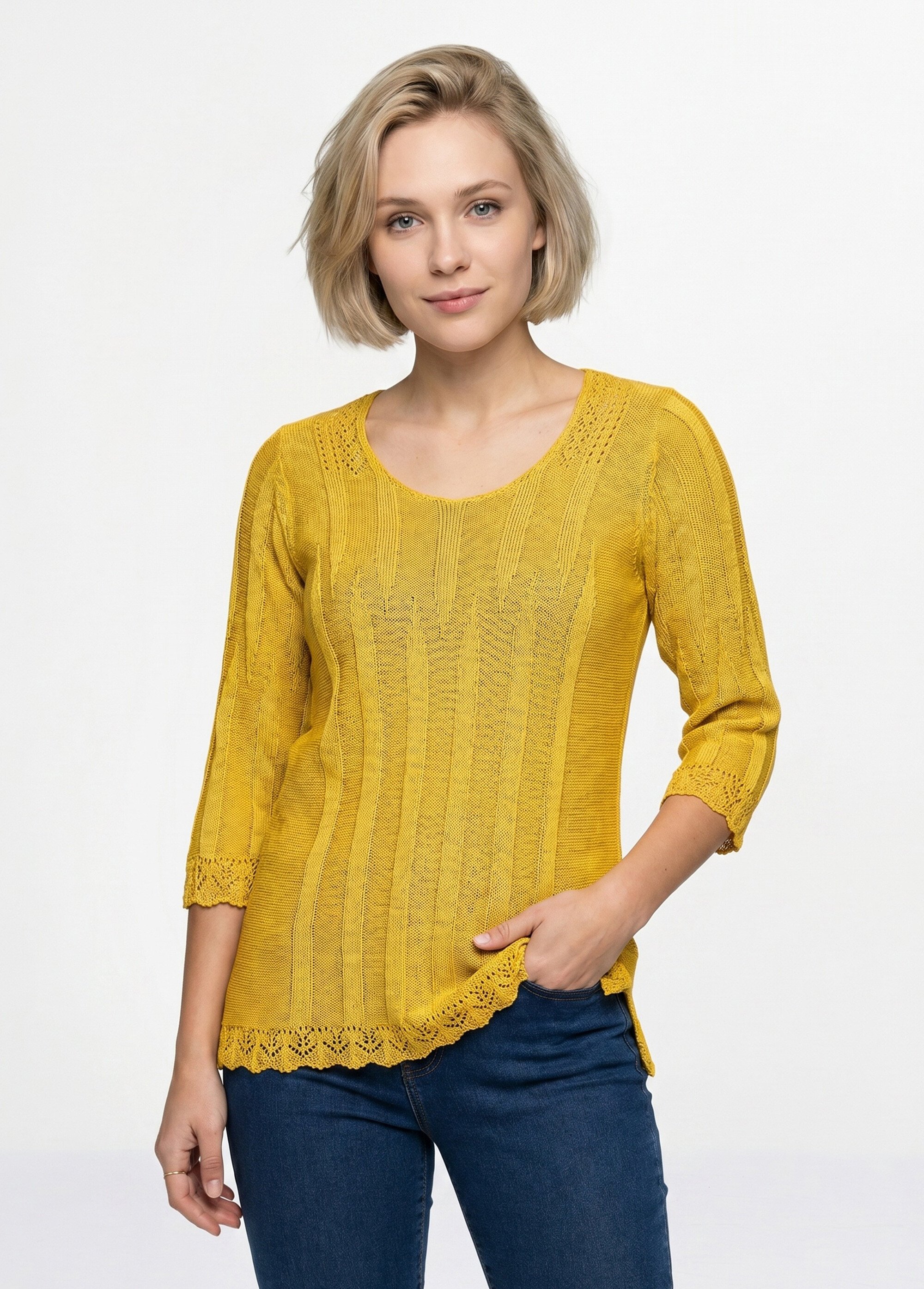 Pull court ajouré col rond Femme Jaune MAXENCE FA1