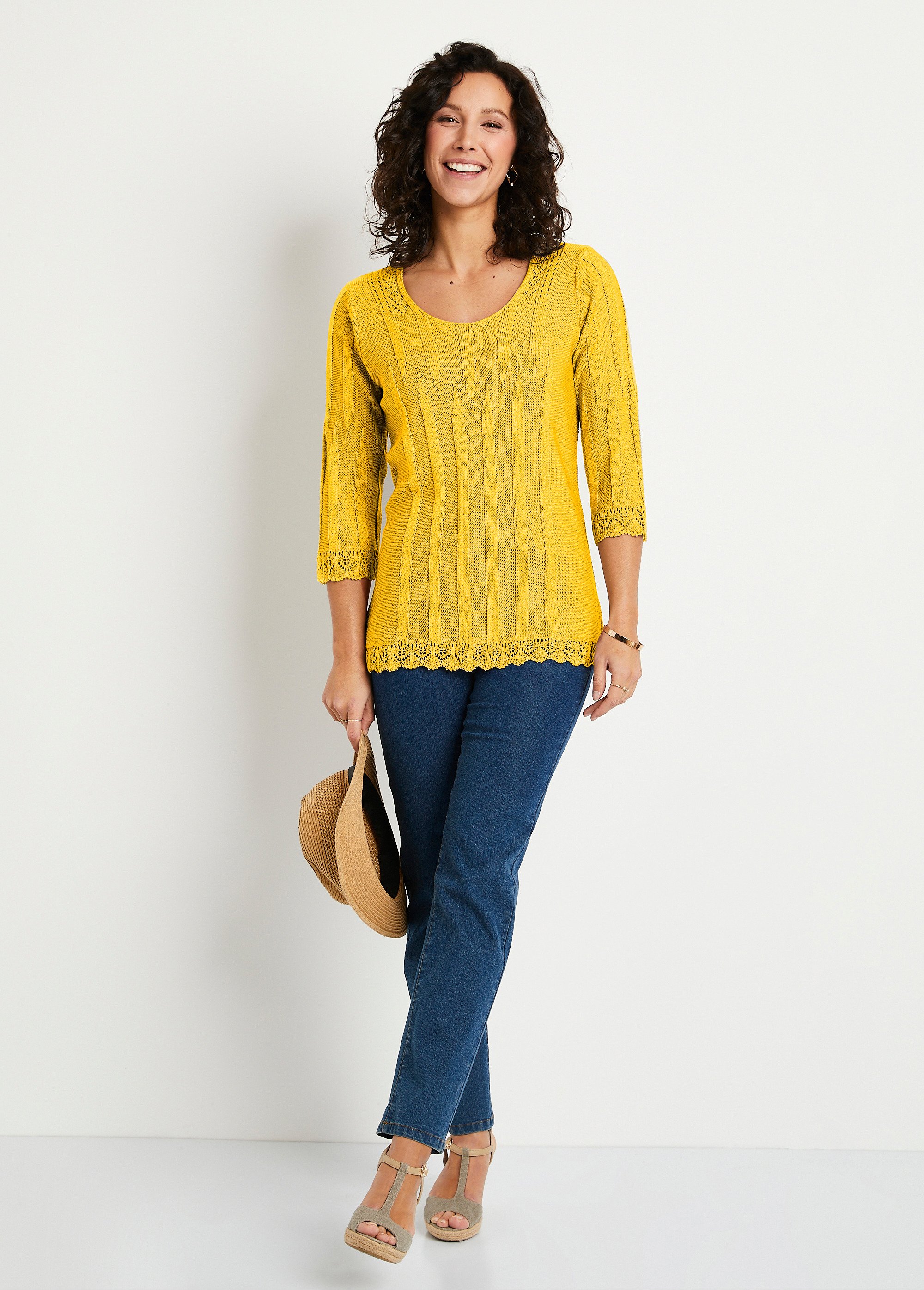 Pull Femme Vintage - Col Rond - Jaune à Motif Argyle / Diamant - Taille UK 16 (L) - Années 80/90