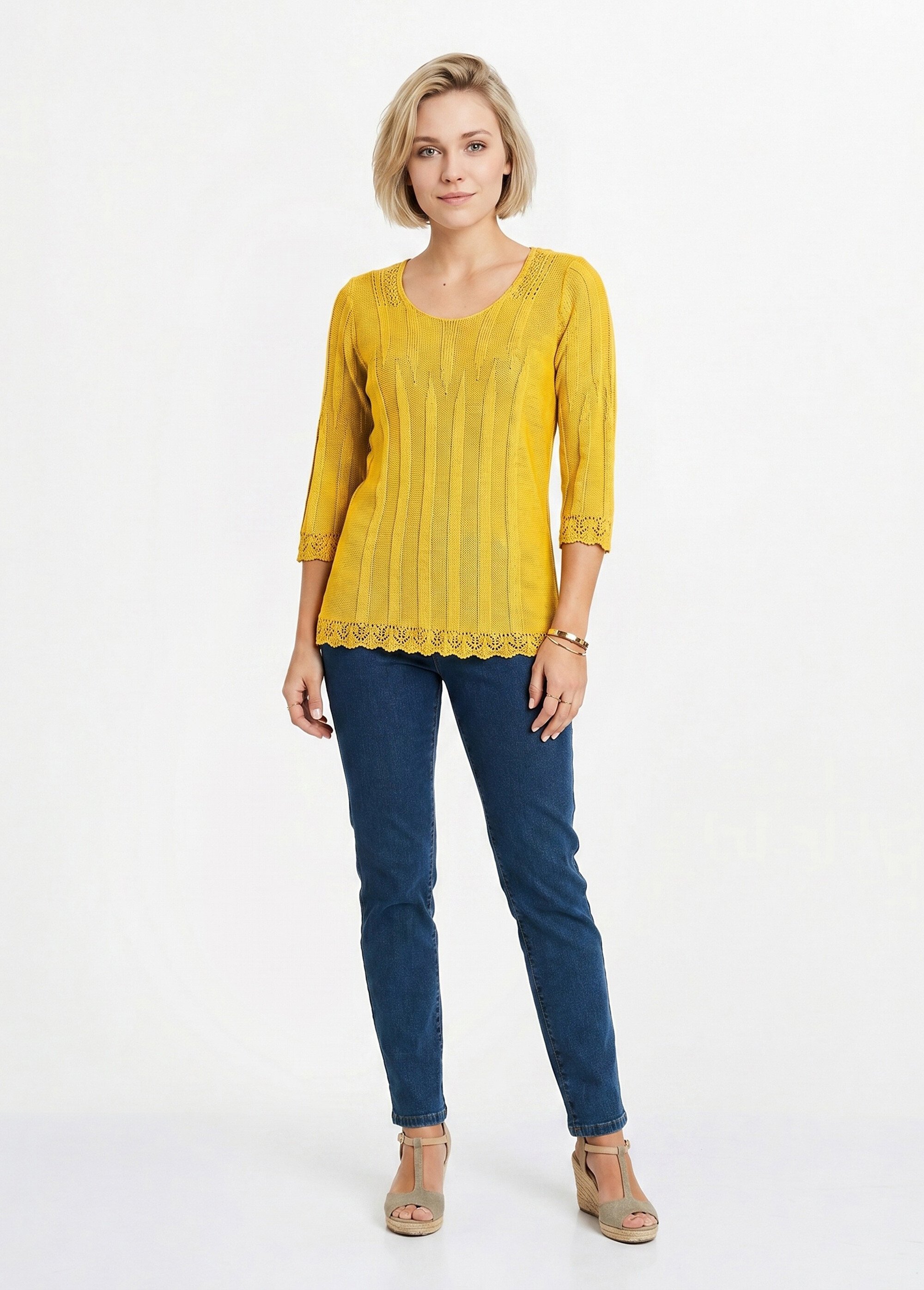 Pull court ajouré col rond Femme Jaune MAXENCE SI1