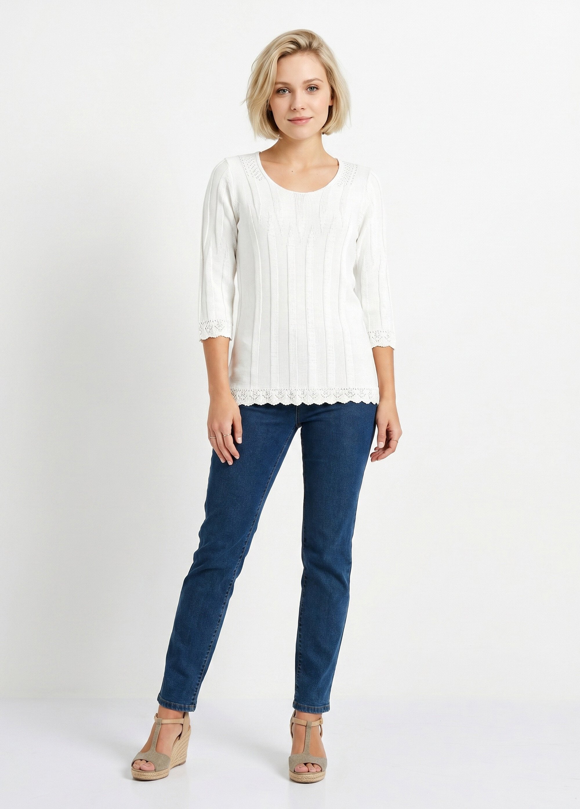 Pull court ajouré col rond Femme Blanc MAXENCE SI1