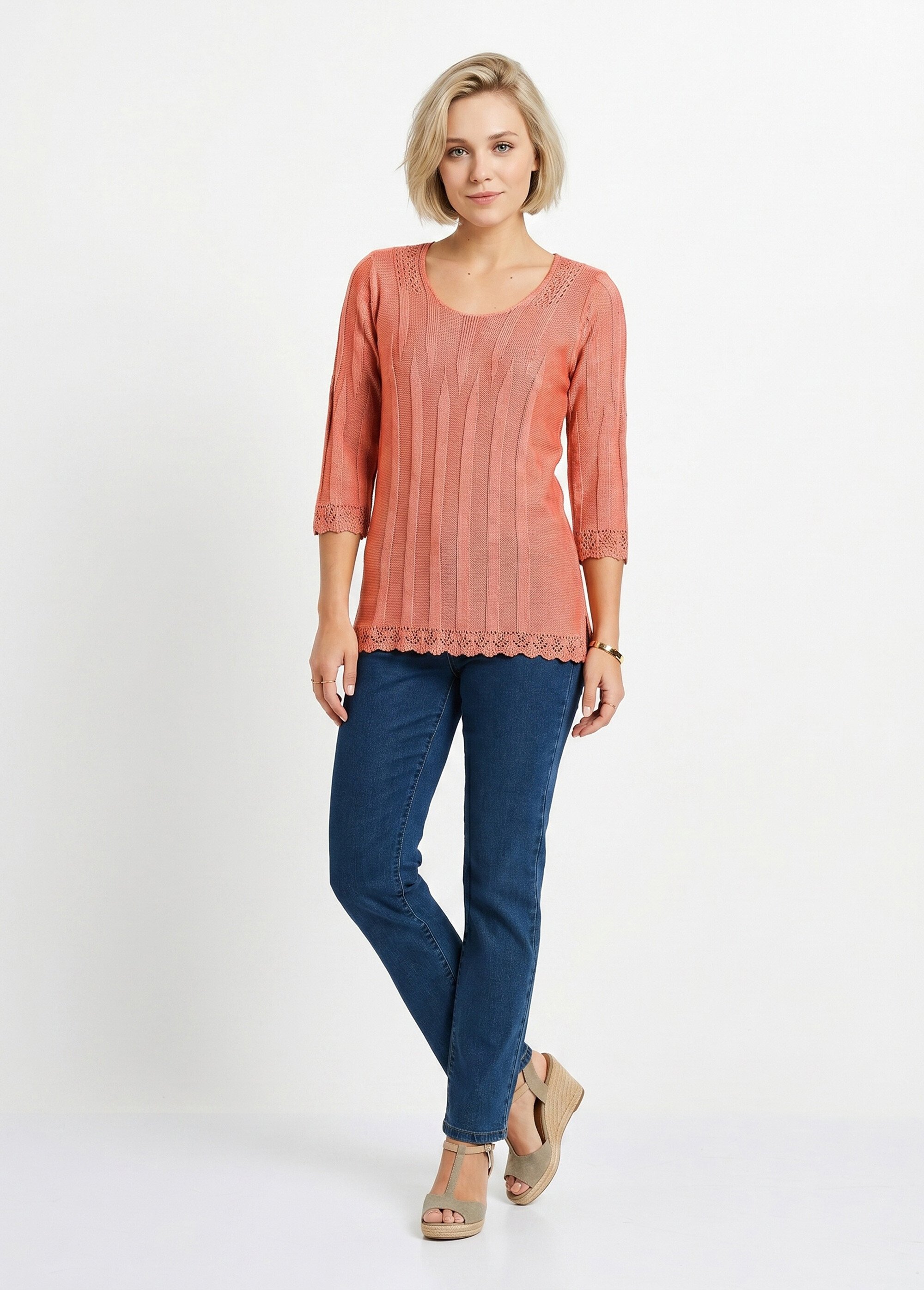 Pull court ajouré col rond Femme Rose MAXENCE SI1