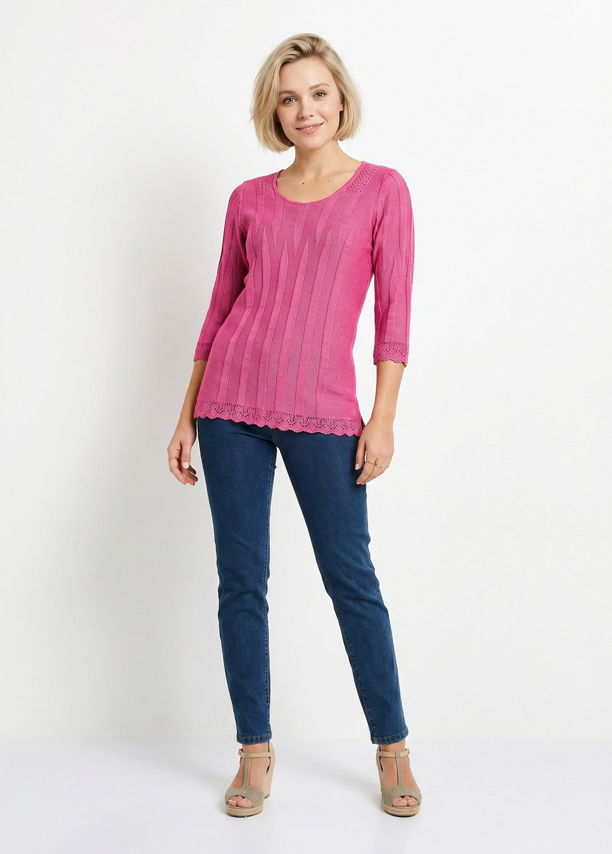 Pull court ajouré col rond Femme Rose MAXENCE SI1