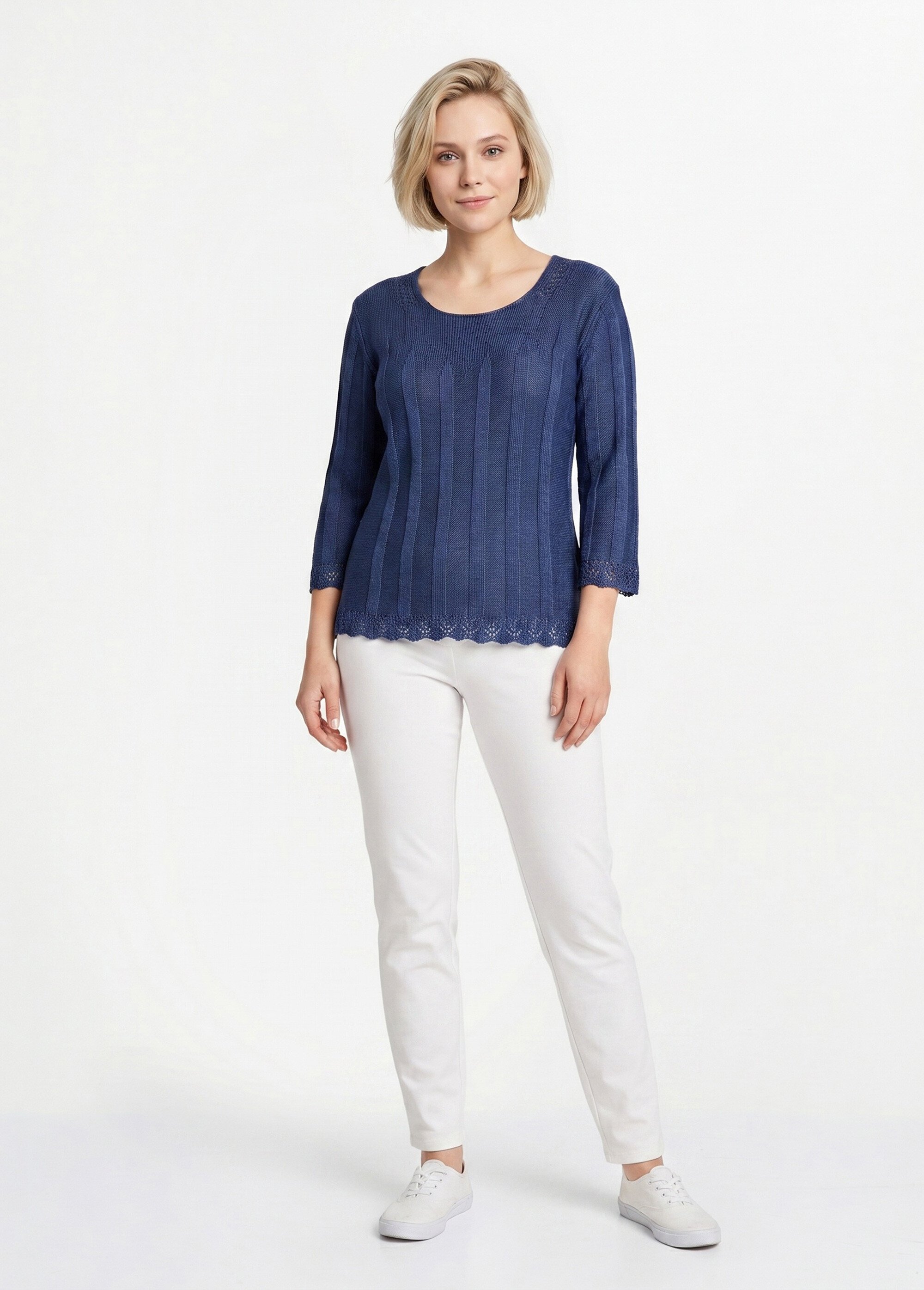 Pull court ajouré col rond Femme Bleu MAXENCE SI1