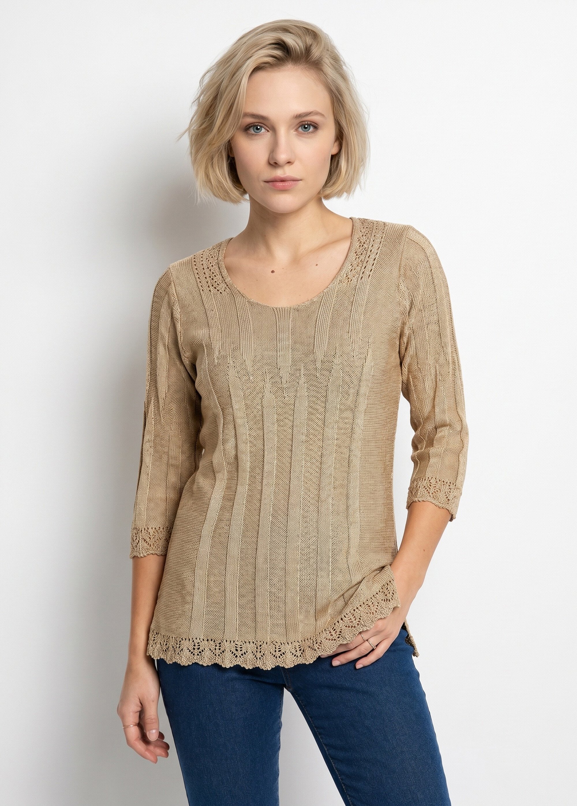 Pull court ajouré col rond Femme Beige MAXENCE FA1