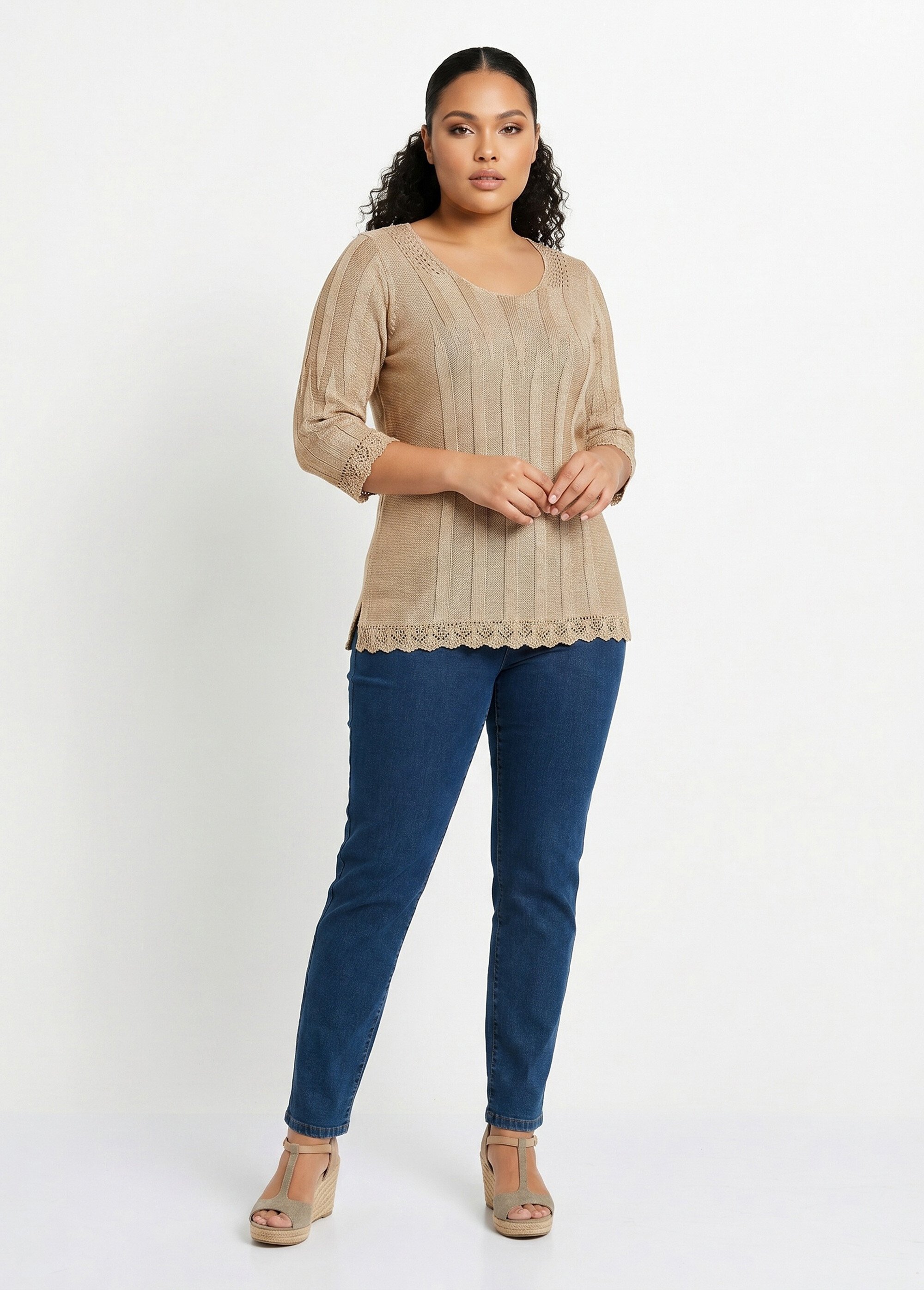 Pull court ajouré col rond Femme Grande Taille Beige MAXENCE SI1