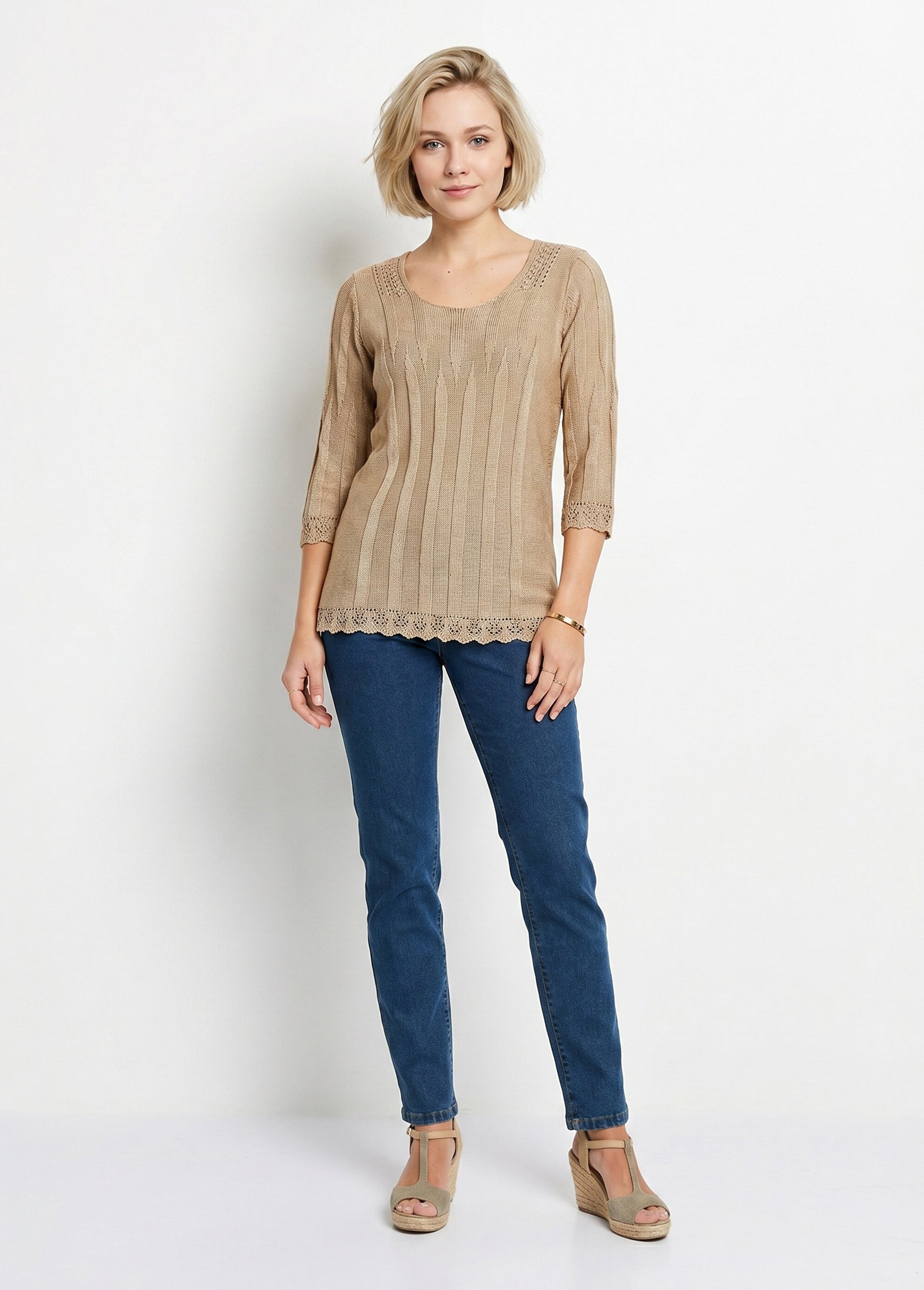 Pull court ajouré col rond Femme Beige MAXENCE SI1