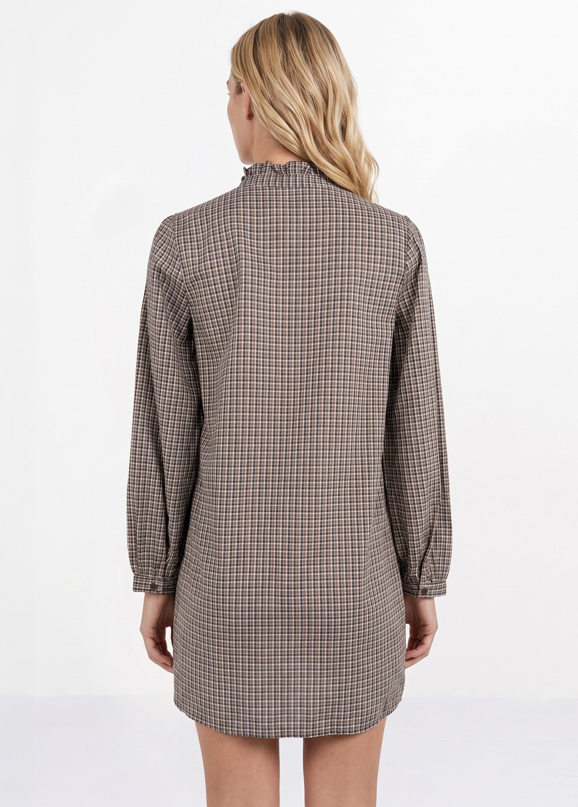 Robe chemisier à carreaux, col plissé Femme Marron IA-R6321 DO1