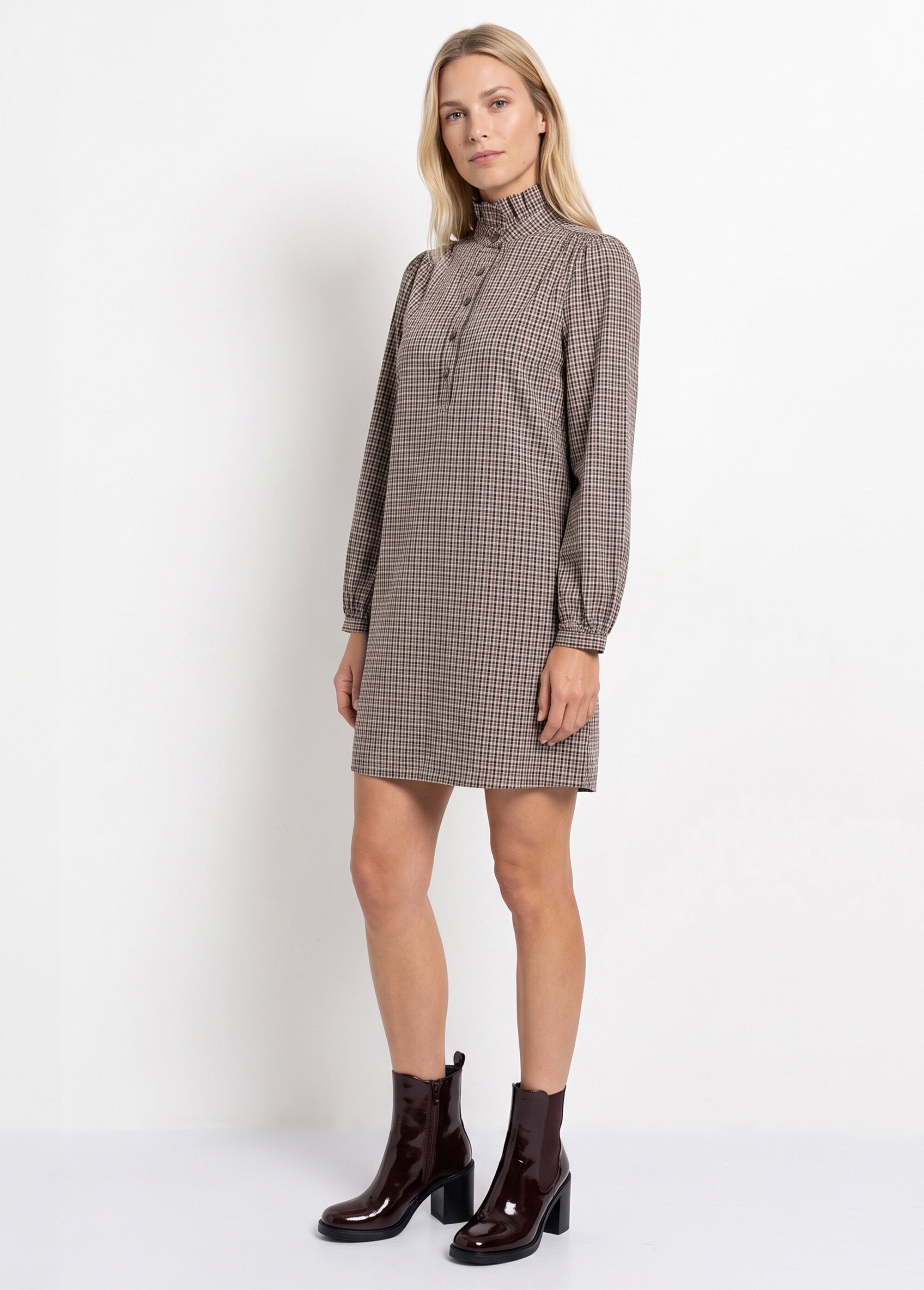 Robe chemisier à carreaux, col plissé Femme Marron IA-R6321 DR1