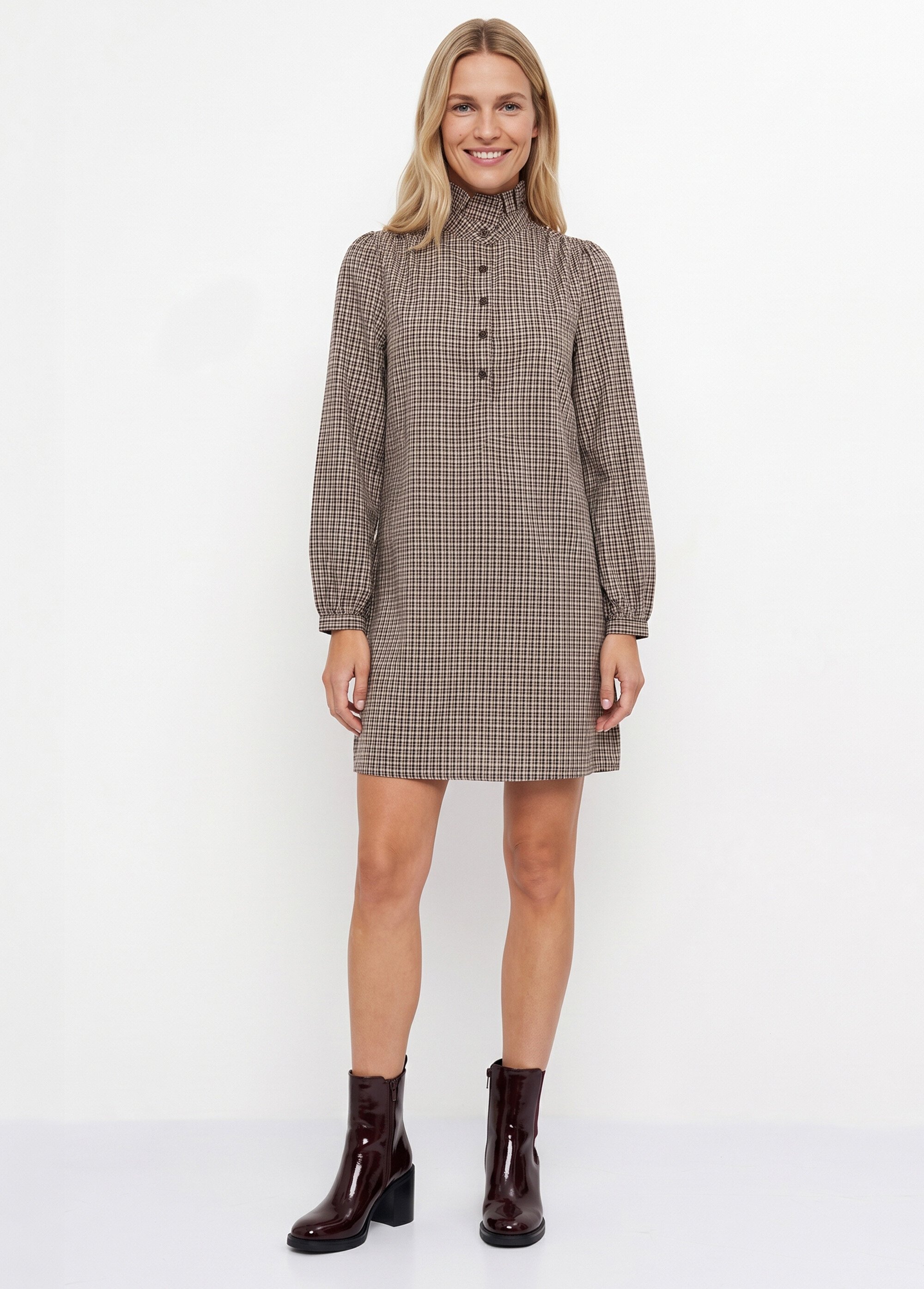 Robe chemisier à carreaux, col plissé Femme Marron IA-R6321 FA1