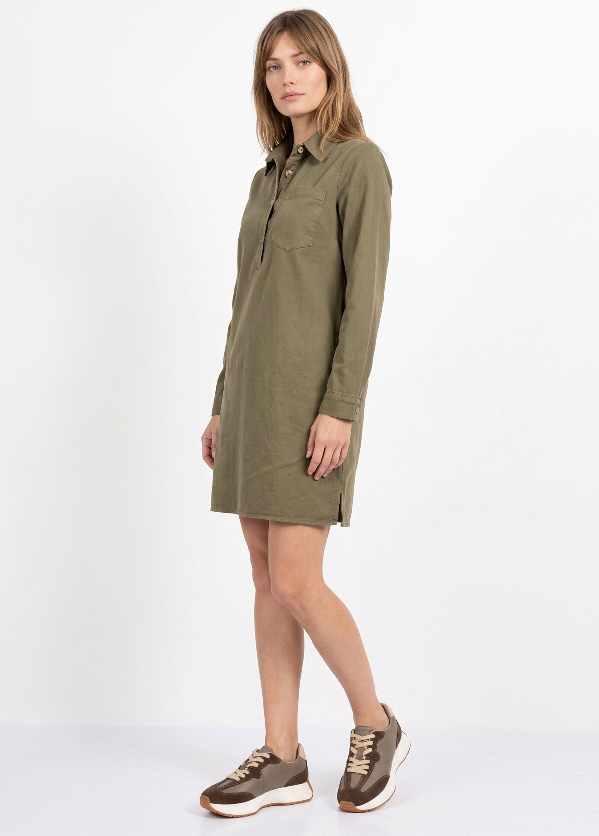 Robe chemisier en toile canvas pur coton Femme Vert IA-R6918 DR1