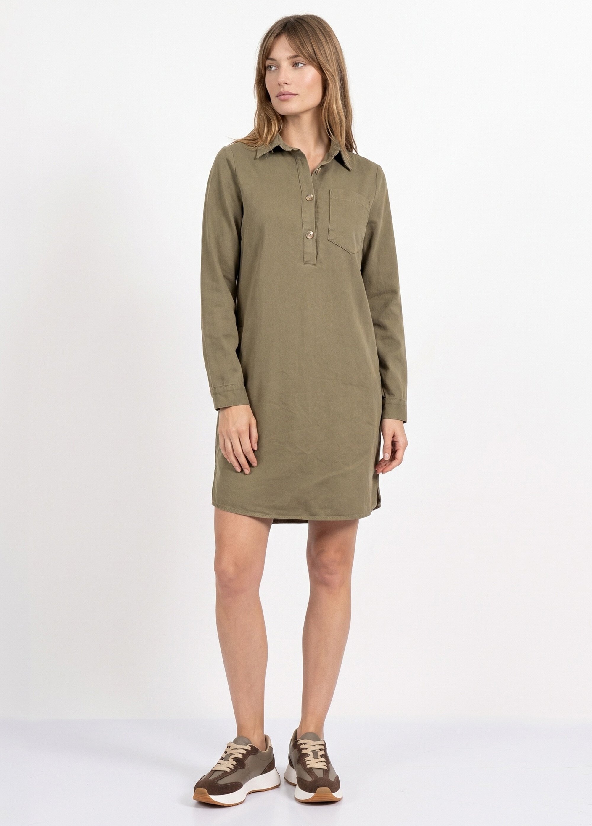 Robe chemisier en toile canvas pur coton Femme Vert IA-R6918 FA1