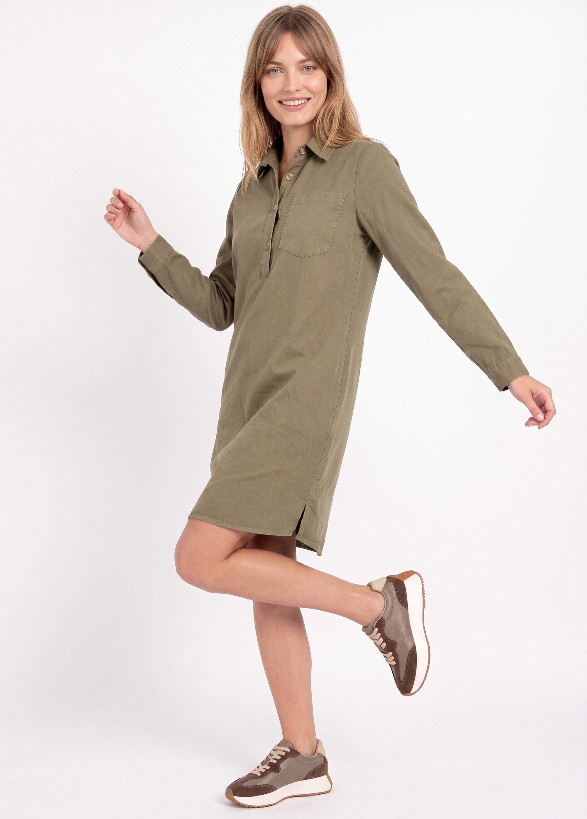 Robe chemisier en toile canvas pur coton Femme Vert IA-R6918 MV1