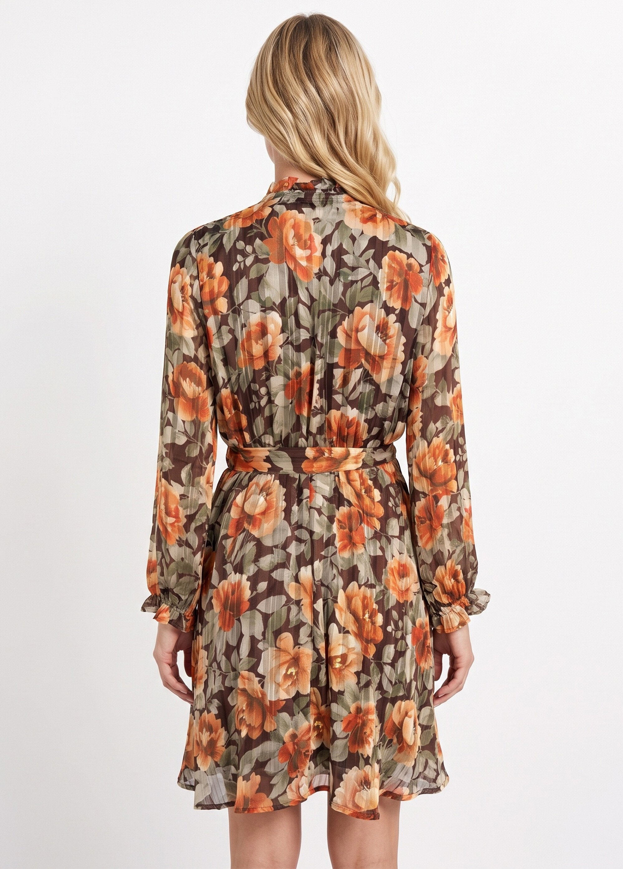 Robe courte en voile imprimé automnal Femme Orange IA-R7131 DO1