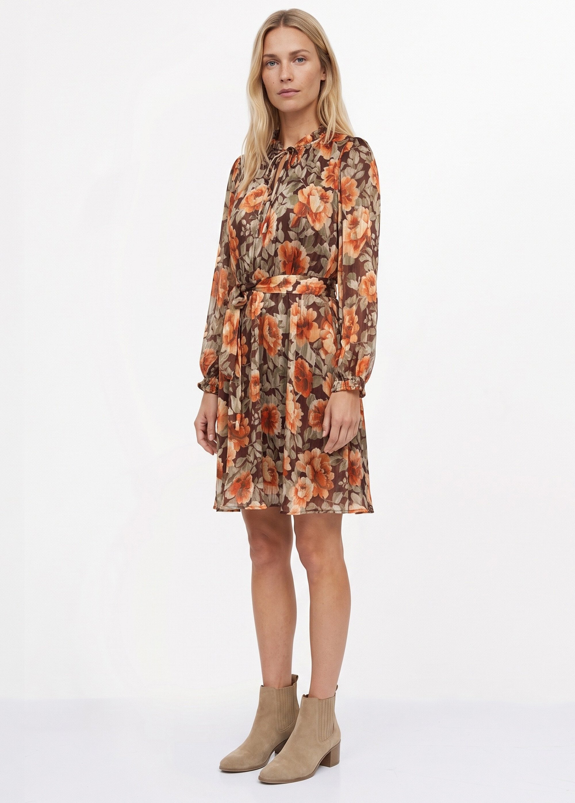 Robe courte en voile imprimé automnal Femme Orange IA-R7131 DR1