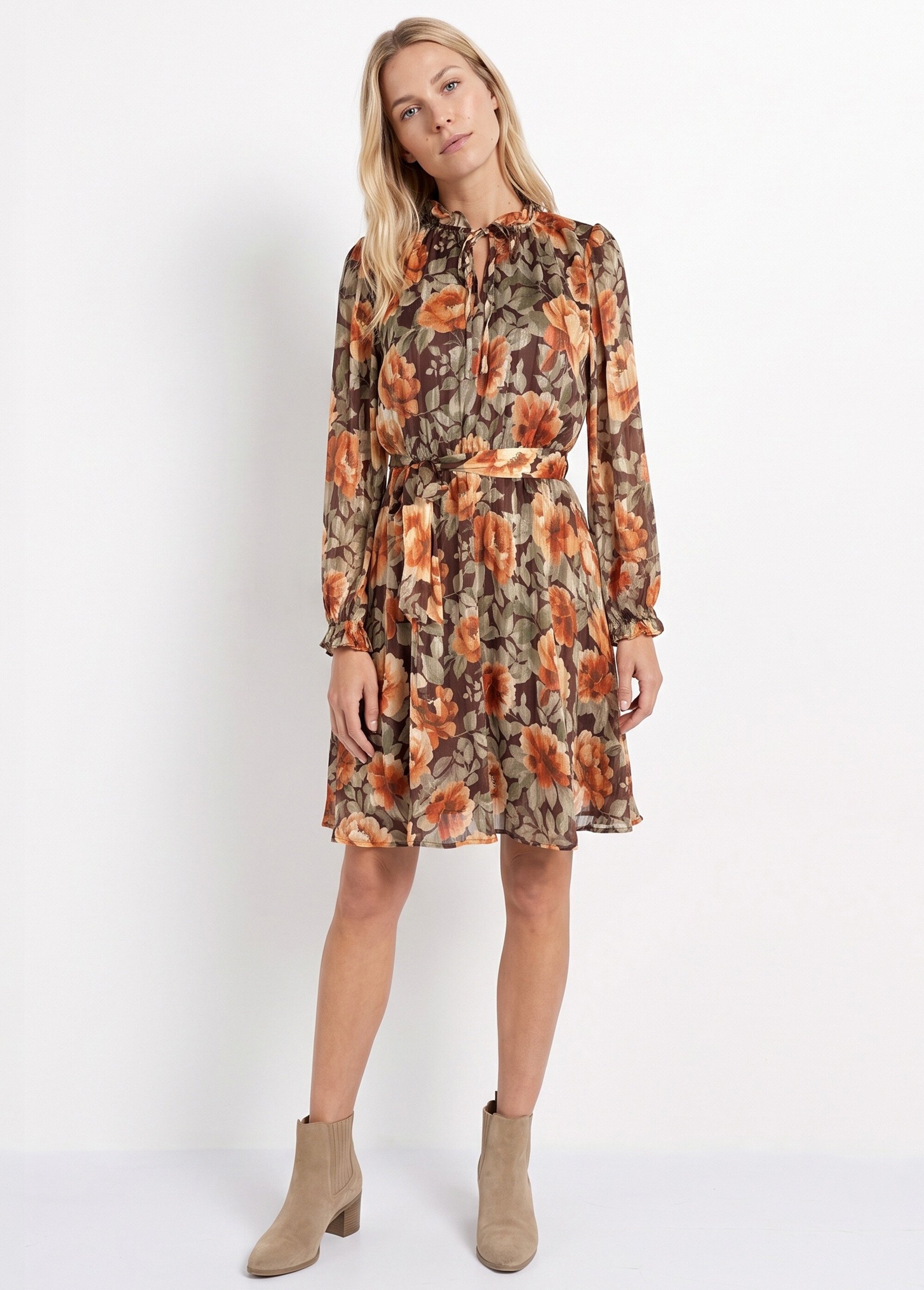 Robe courte en voile imprimé automnal Femme Orange IA-R7131 FA1