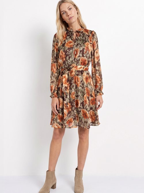 Robe courte en voile imprimé automnal Femme Orange IA-R7131 FA1