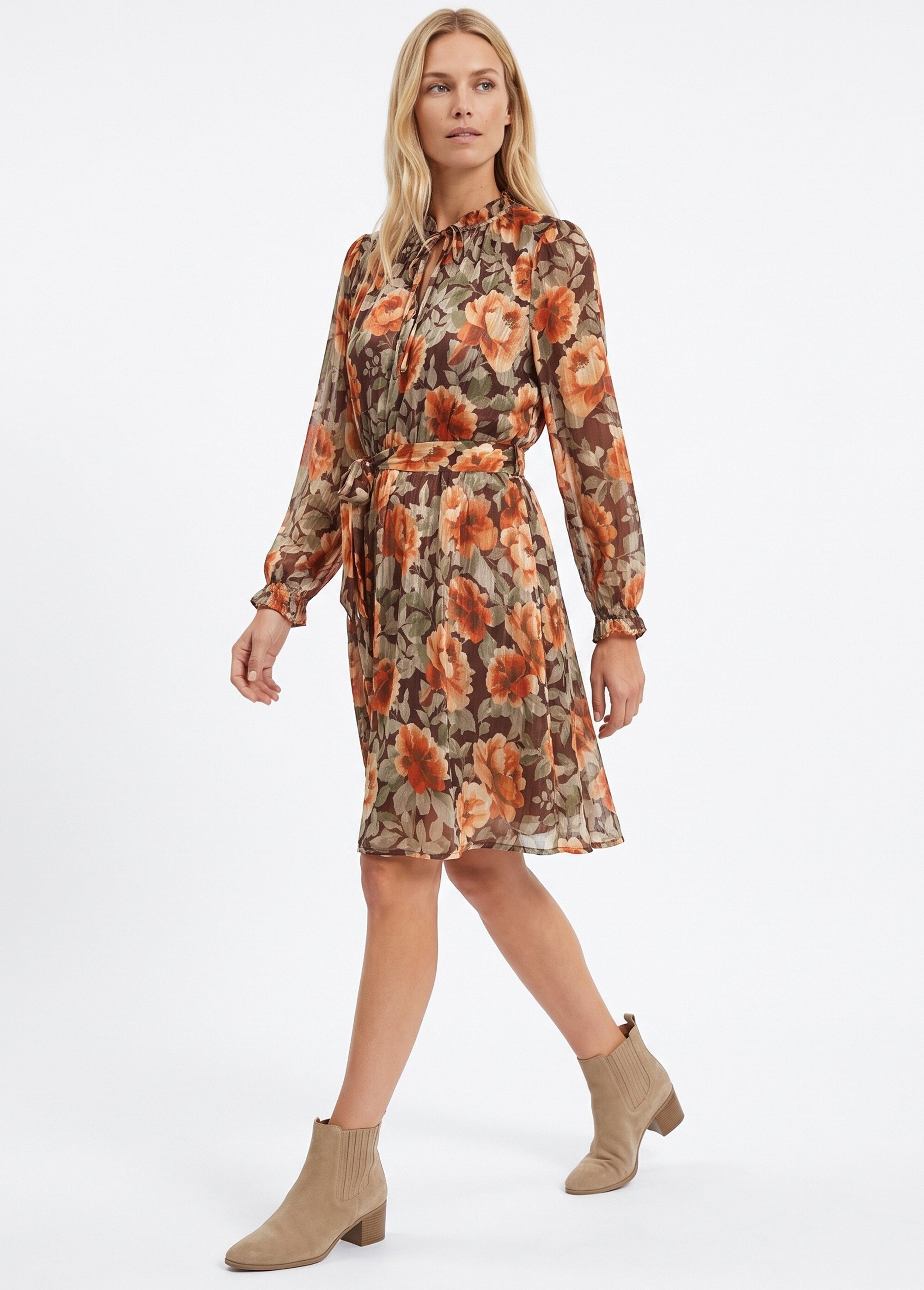Robe courte en voile imprimé automnal Femme Orange IA-R7131 MV1