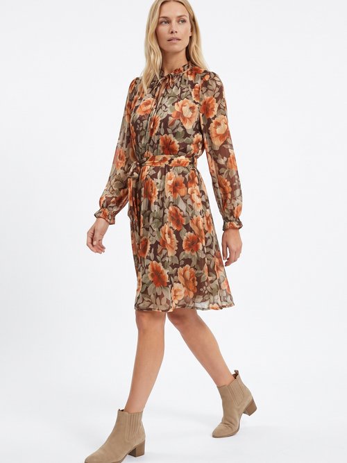 Robe courte en voile imprimé automnal Femme Orange IA-R7131 MV1
