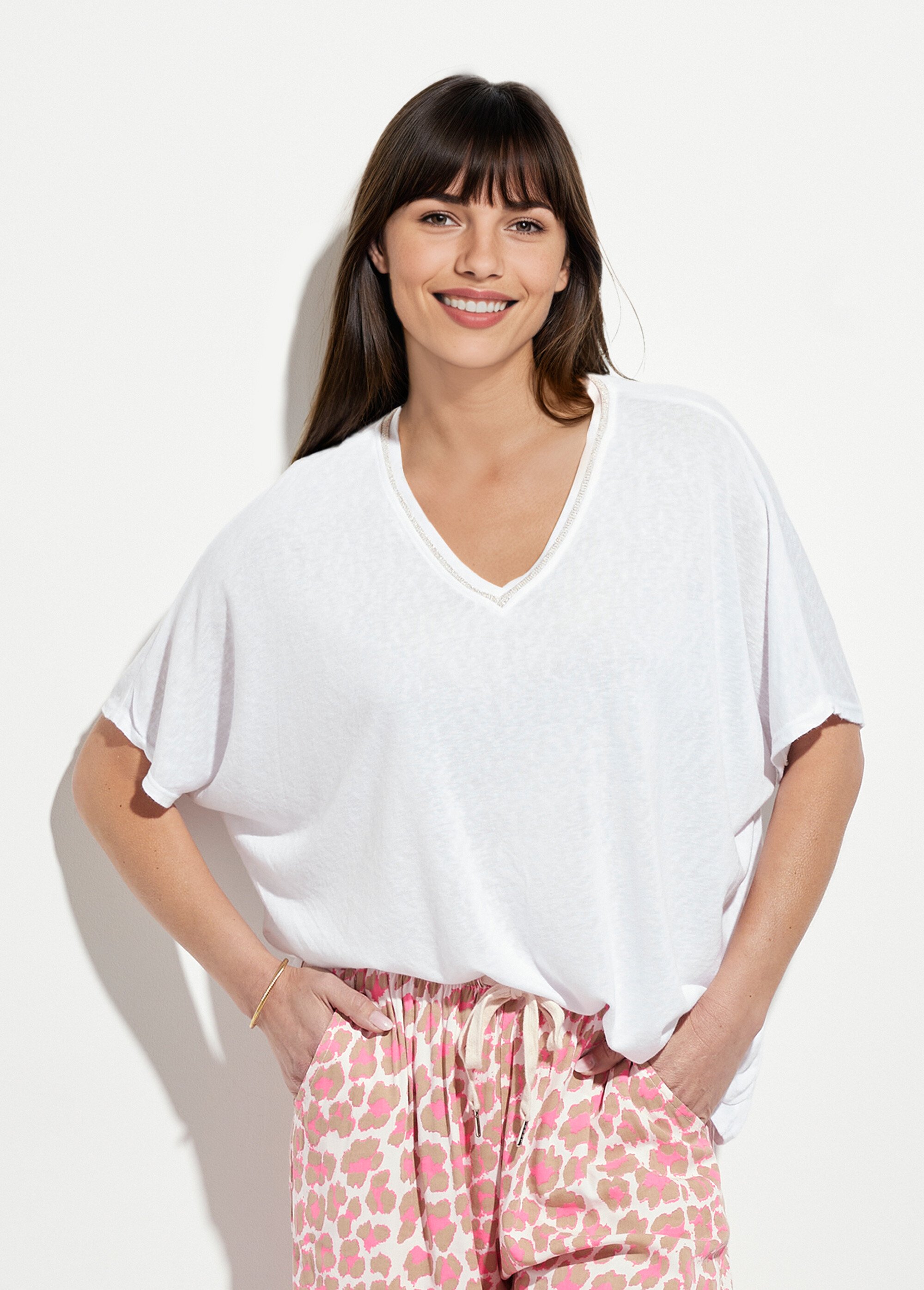 T-shirt col V métallisé et manches kimono