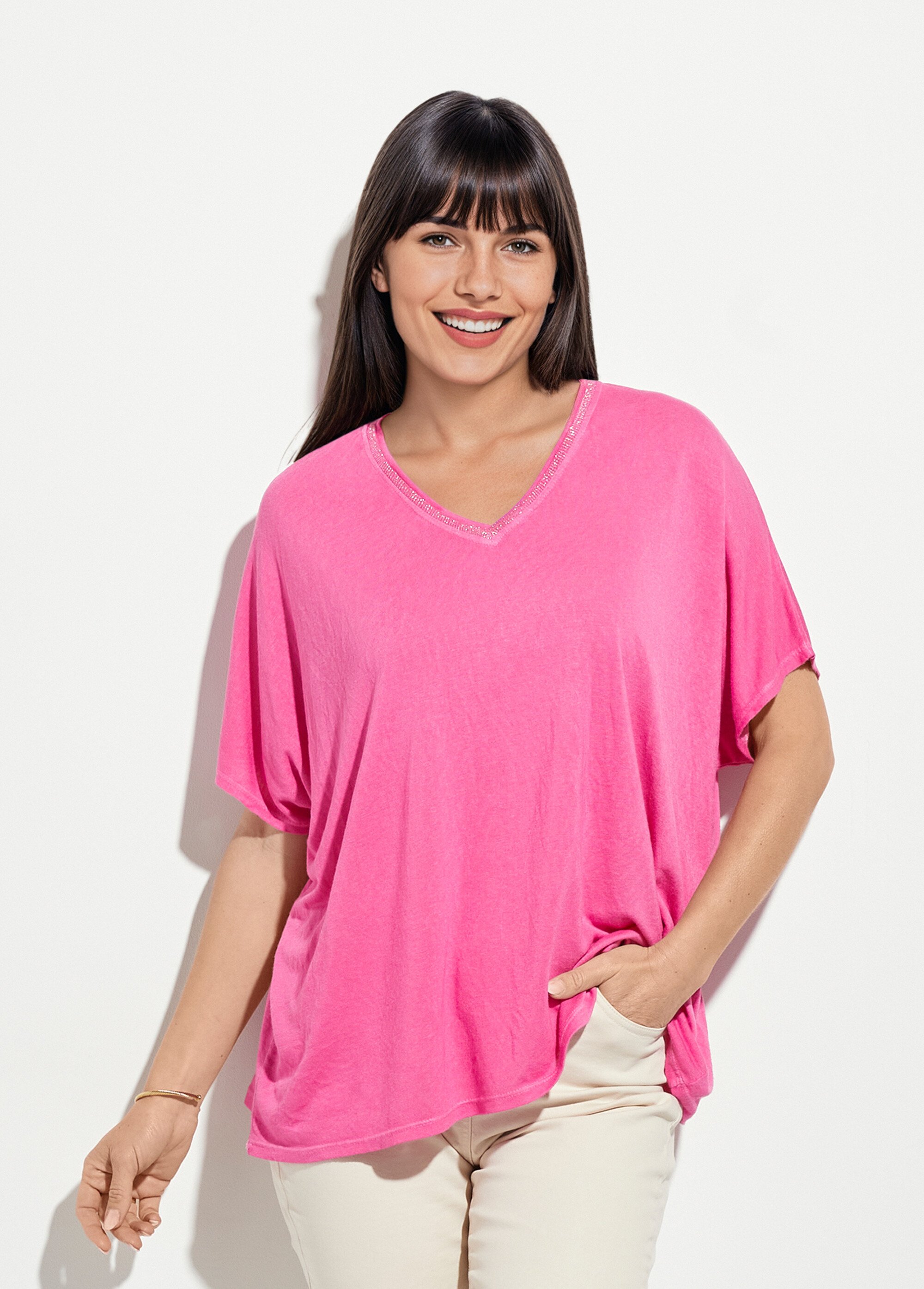 T-shirt col V métallisé et manches kimono