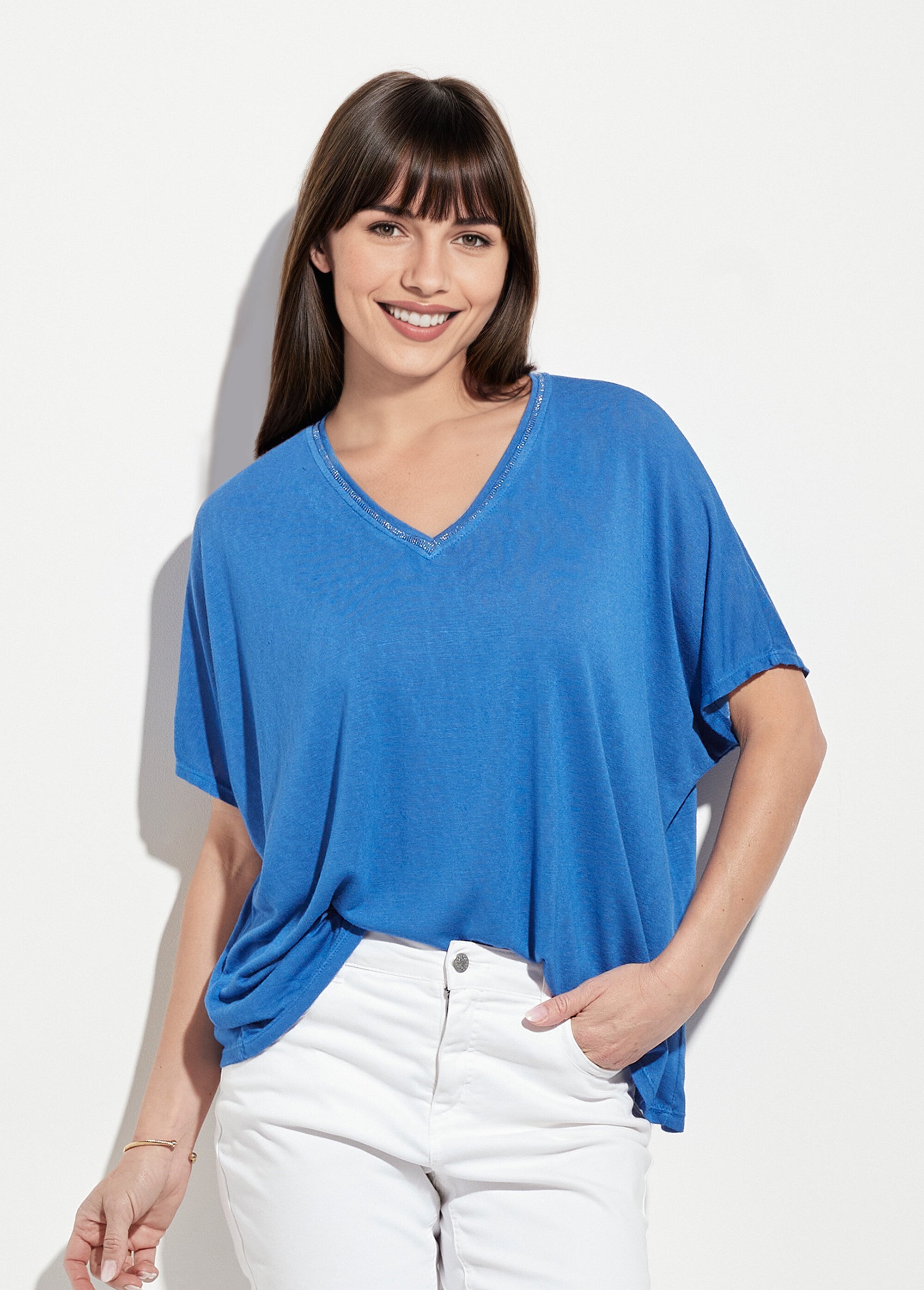T-shirt col V métallisé et manches kimono