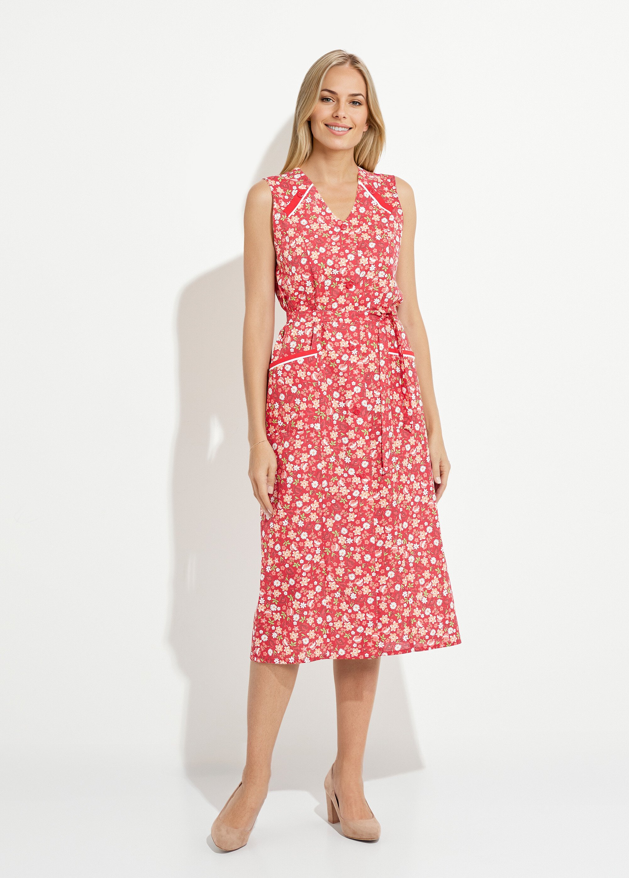 Tablier sans manches boutonné imprimé fleuri Femme Rouge ANNIE FA1